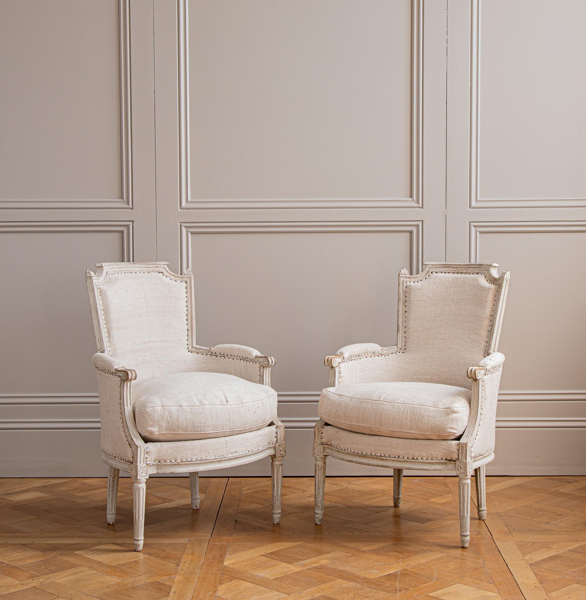 Louis XVI Antique White Bergere Armchairs Late 19th century French Armchairs For Sale