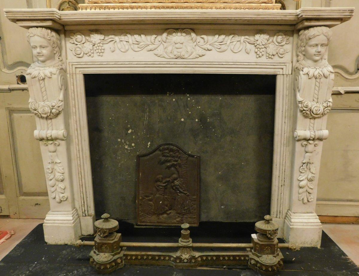 Hand-Carved Antique White Carrara Marble Fireplace, Carved Caryatids, 19th Century Italy For Sale