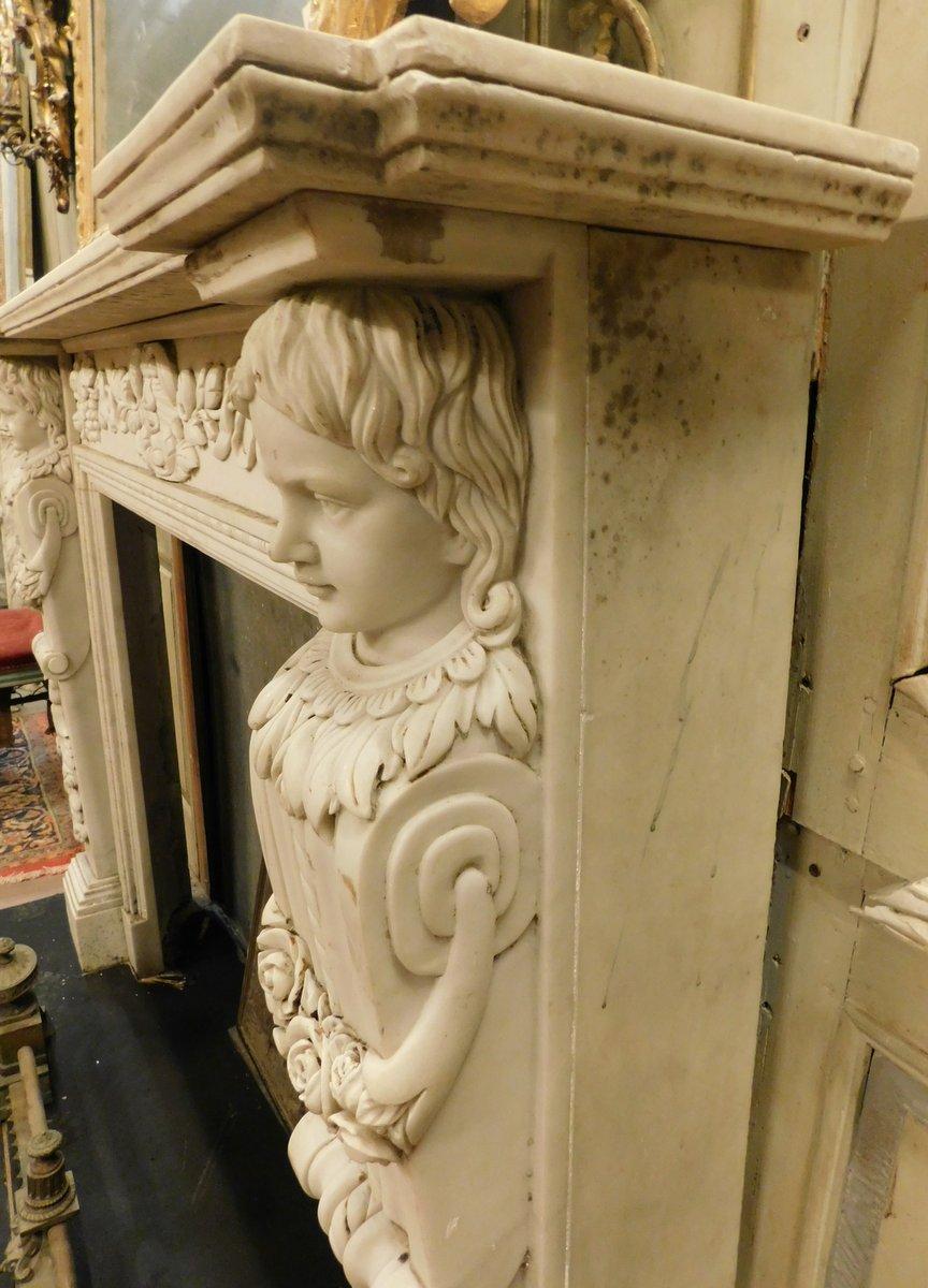 Antique White Carrara Marble Fireplace, Carved Caryatids, 19th Century Italy For Sale 2