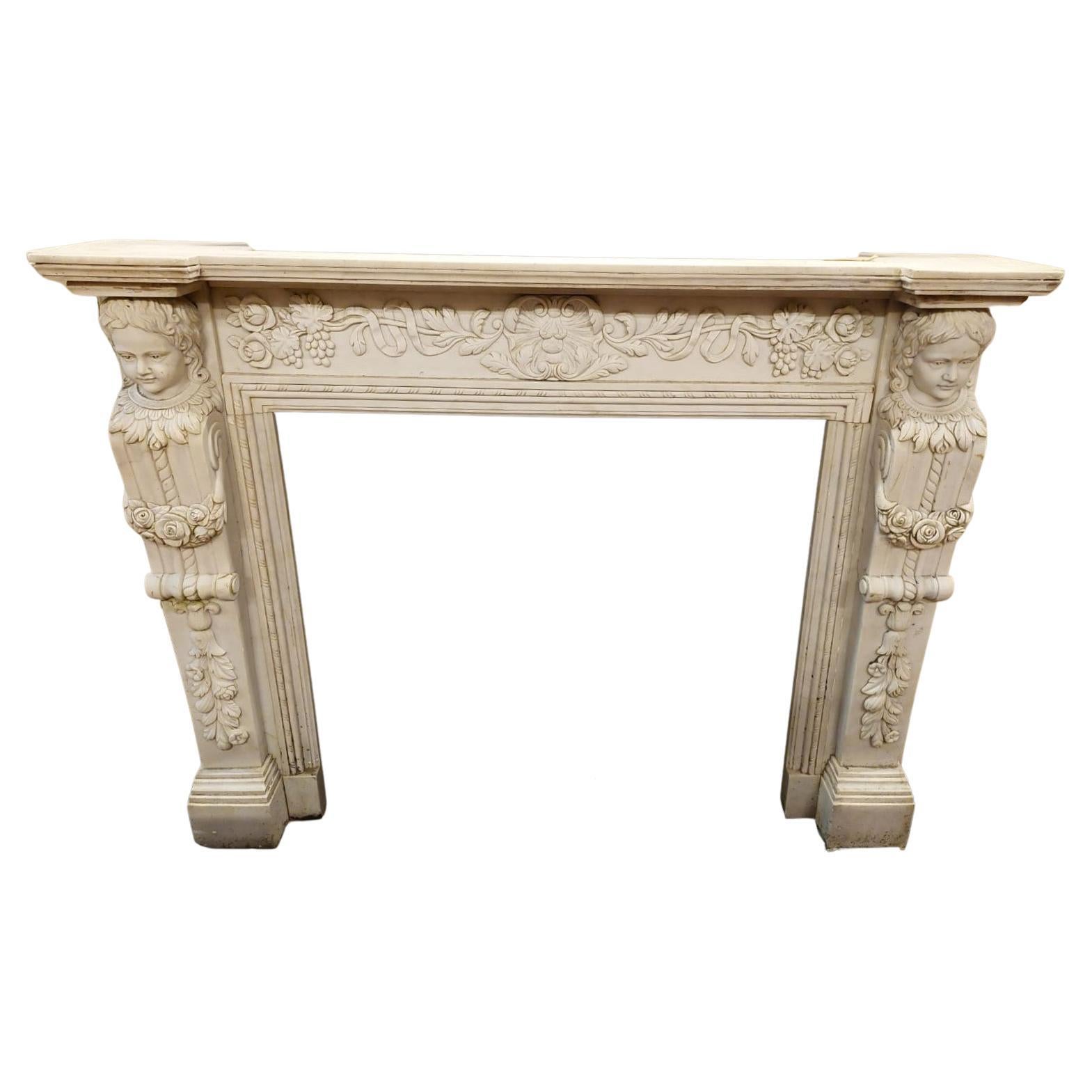 Antique White Carrara Marble Fireplace, Carved Caryatids, 19th Century Italy For Sale
