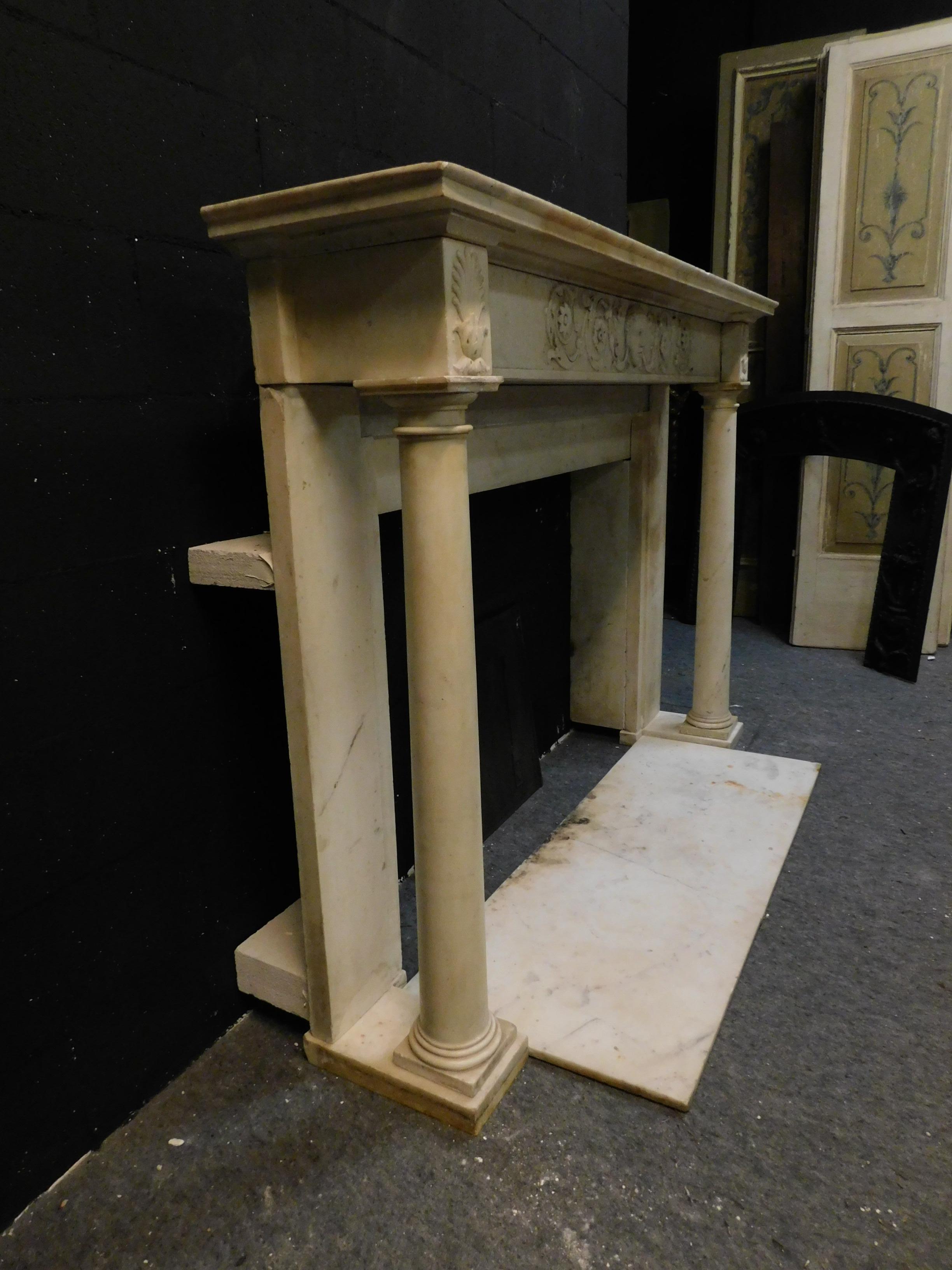 Antique White Carrara Marble Fireplace, Carved Columns and Threshold, 1830 Italy 4