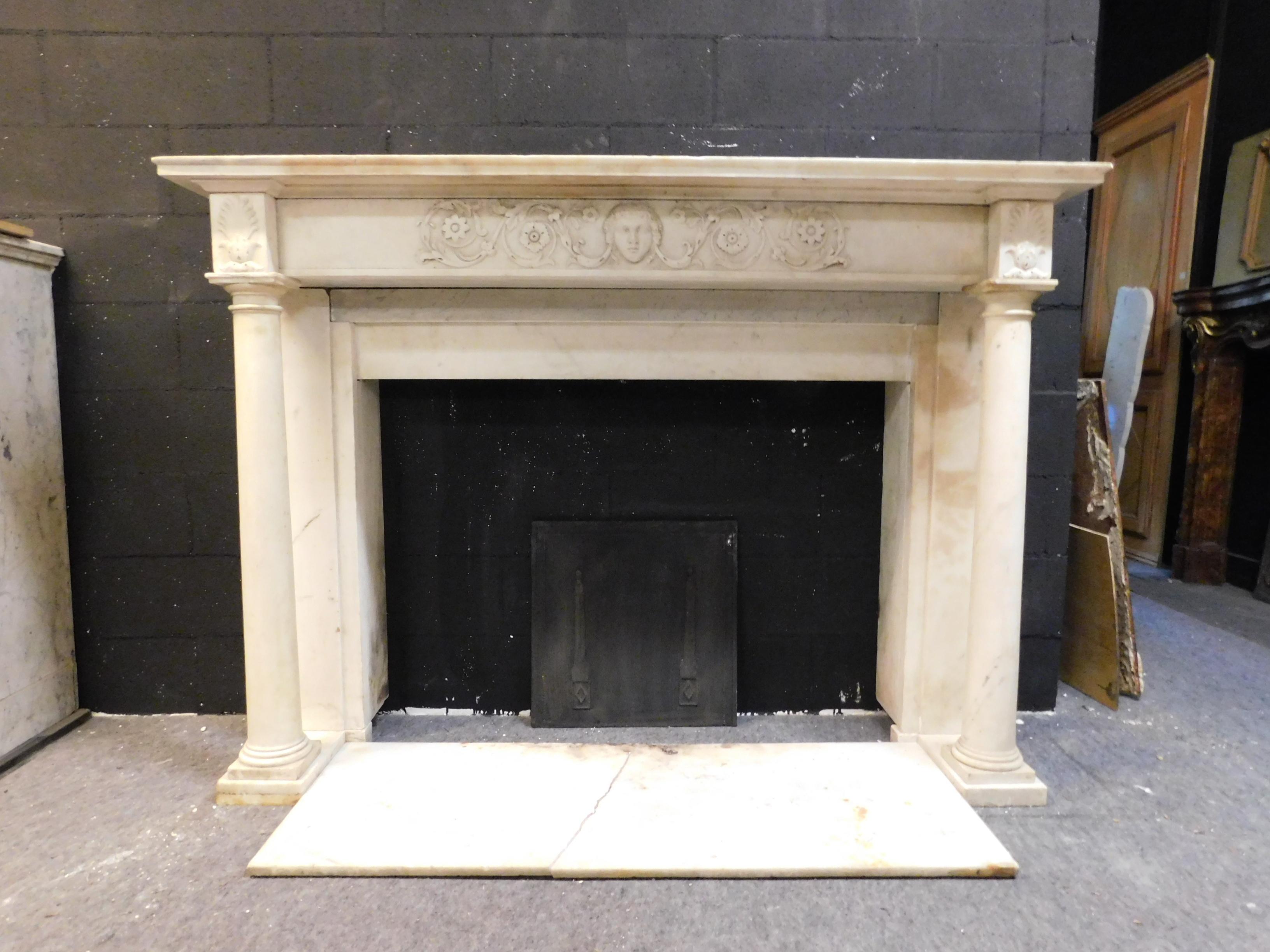 Italian Antique White Carrara Marble Fireplace, Carved Columns and Threshold, 1830 Italy