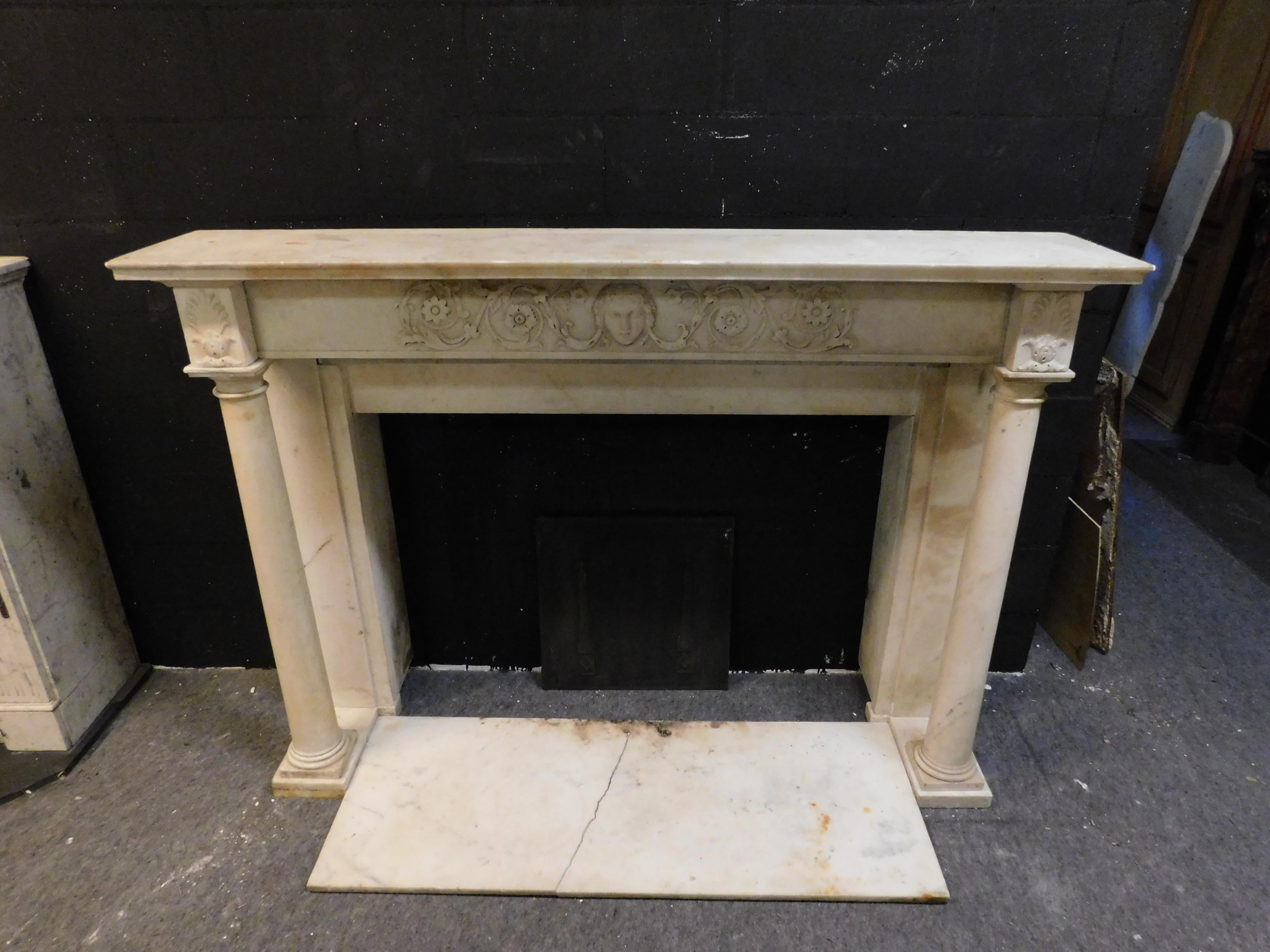 Hand-Carved Antique White Carrara Marble Fireplace, Carved Columns and Threshold, 1830 Italy