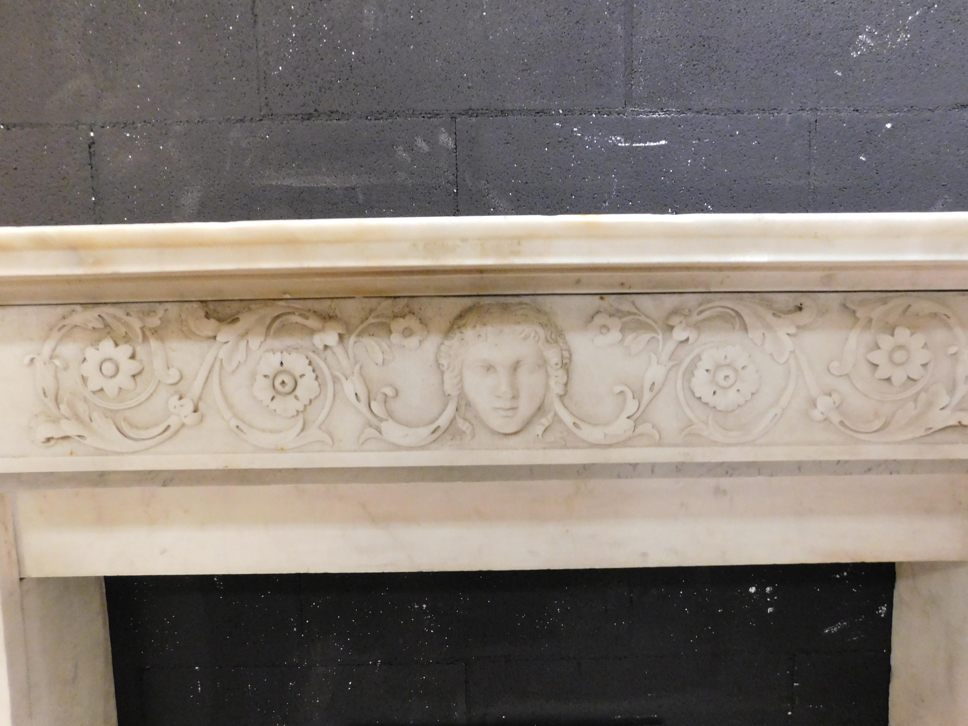 Mid-19th Century Antique White Carrara Marble Fireplace, Carved Columns and Threshold, 1830 Italy