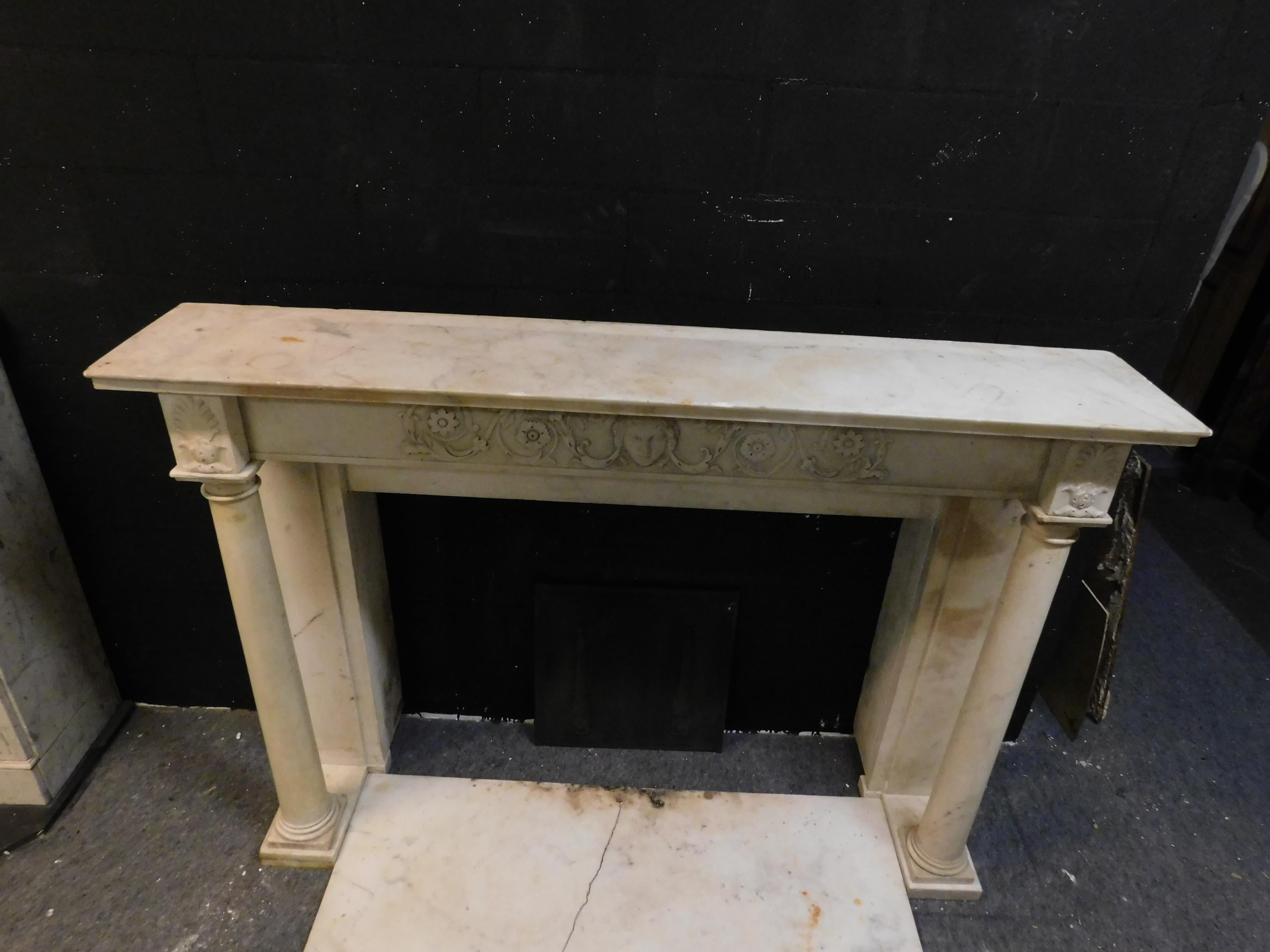 Antique White Carrara Marble Fireplace, Carved Columns and Threshold, 1830 Italy 2