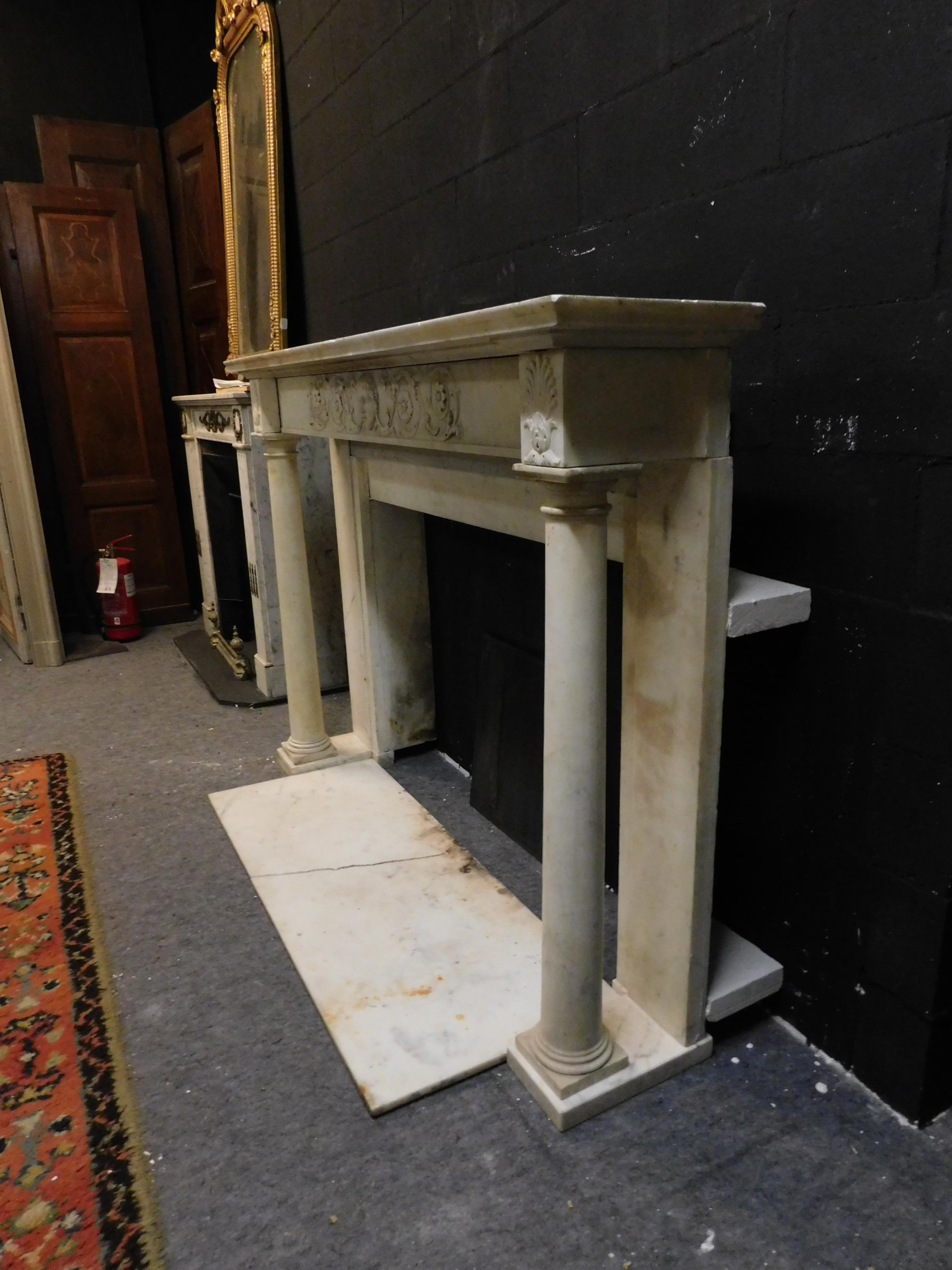 Antique White Carrara Marble Fireplace, Carved Columns and Threshold, 1830 Italy 3