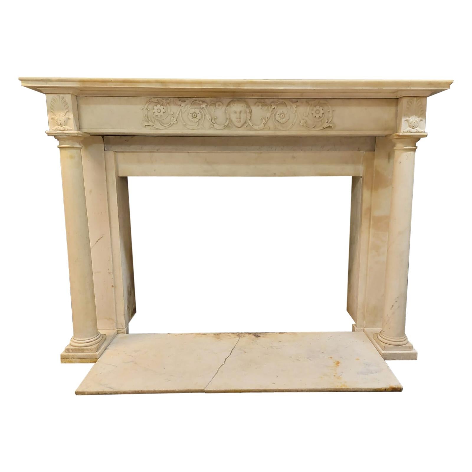 Antique White Carrara Marble Fireplace, Carved Columns and Threshold, 1830 Italy