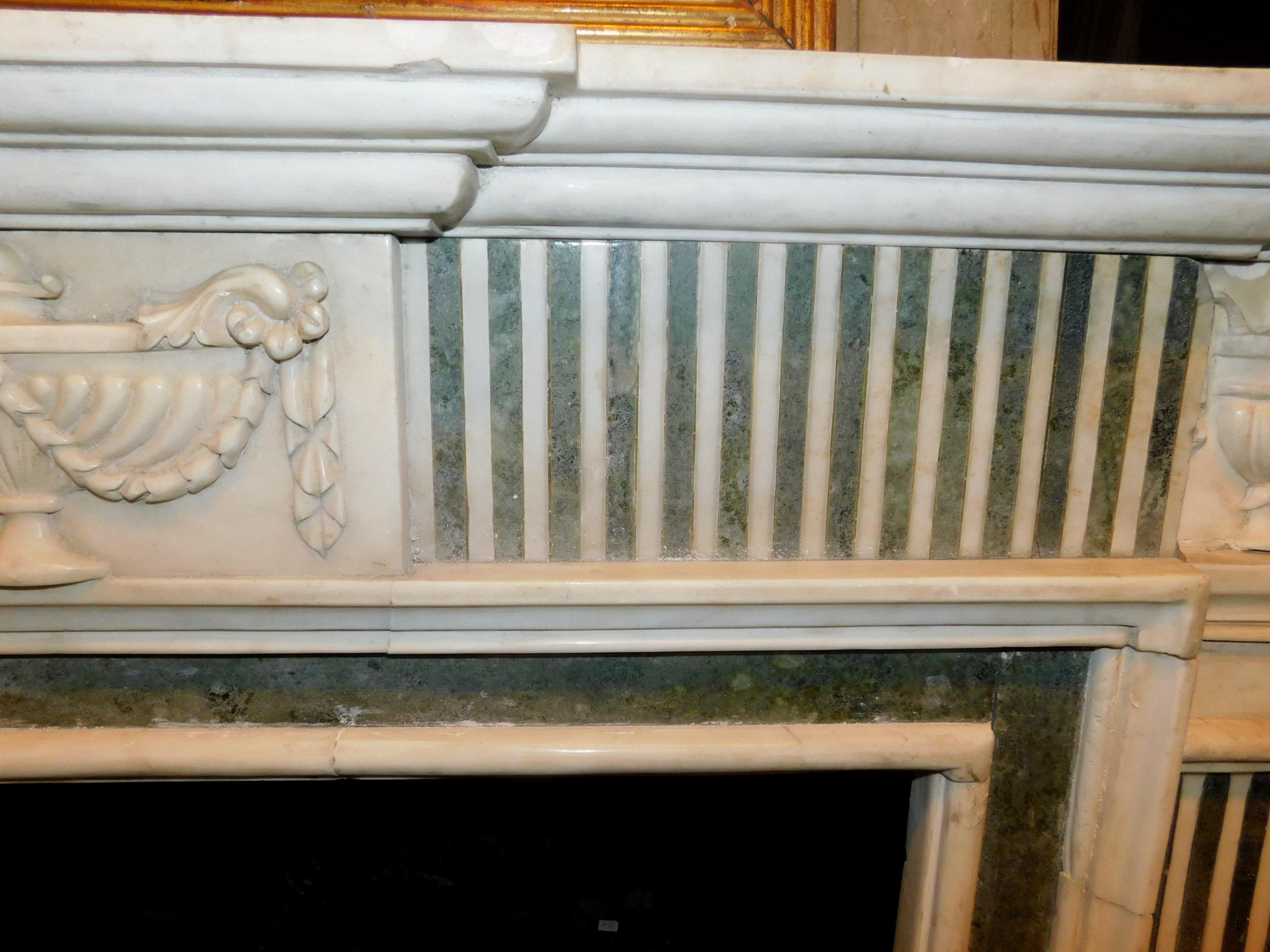 Antique White Carrara Marble Fireplace Inlaid Verde Alpi, 19th Century, Italy 5