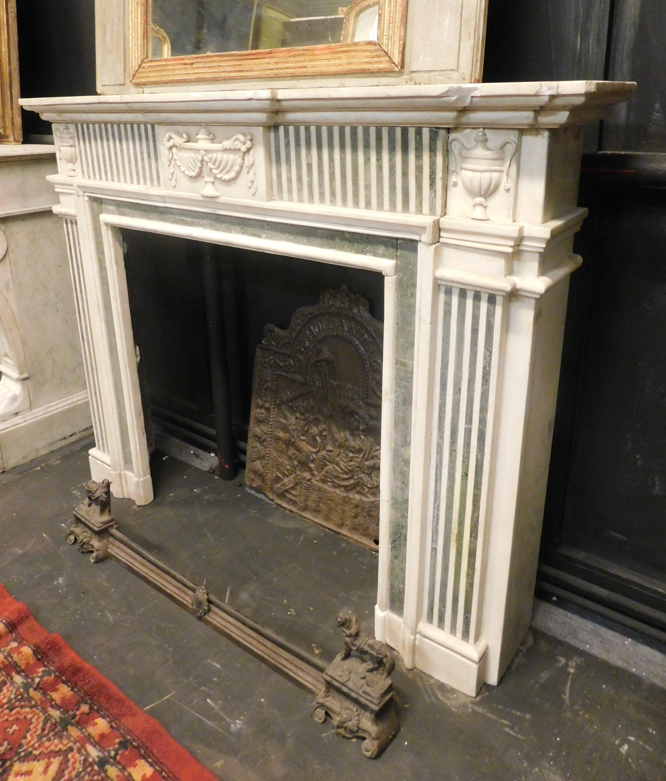 Antique White Carrara Marble Fireplace Inlaid Verde Alpi, 19th Century, Italy 1