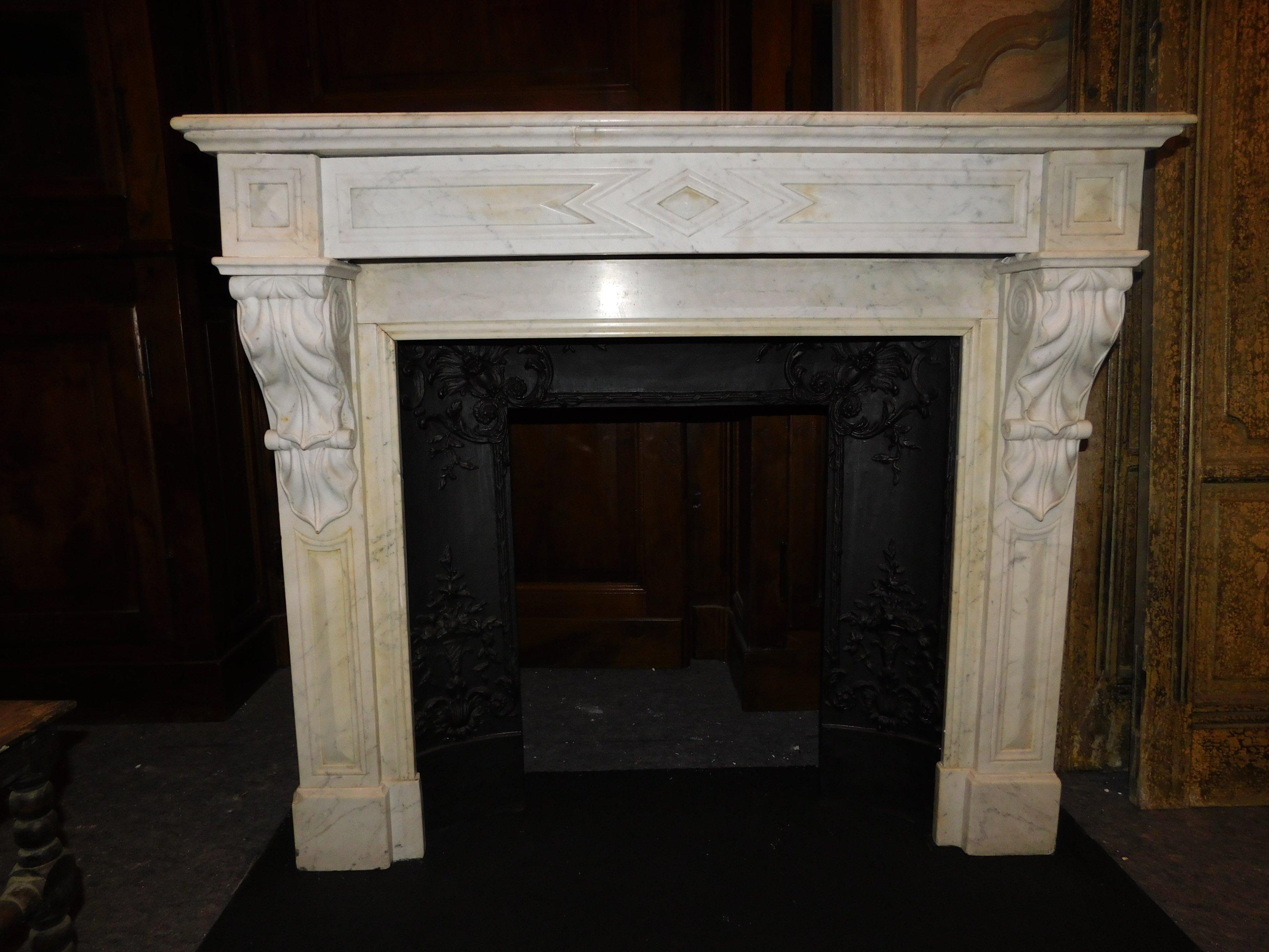 Antique White Carrara Marble Fireplace Mantel, Carved, 19th Century France 1