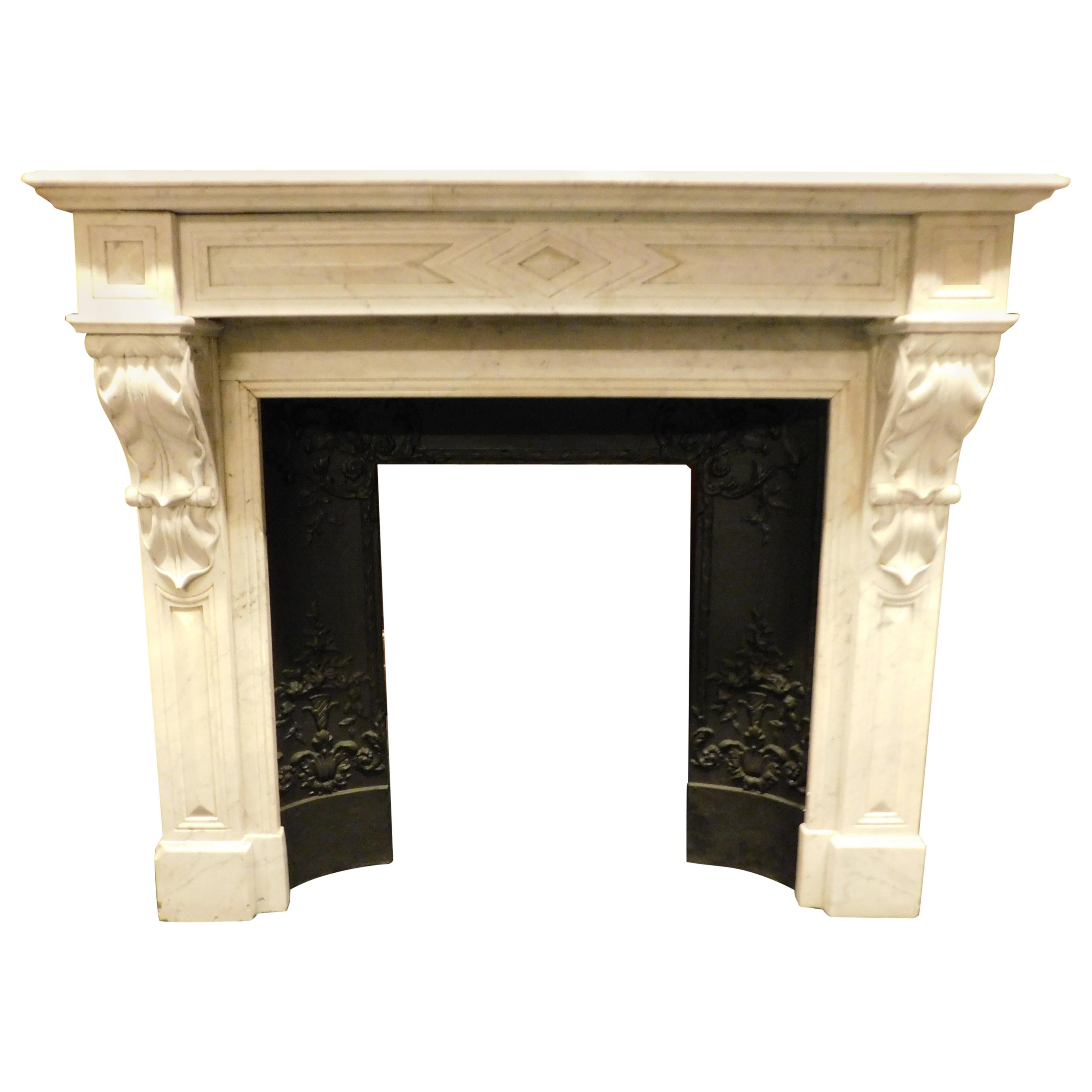 Antique White Carrara Marble Fireplace Mantel, Carved, 19th Century France