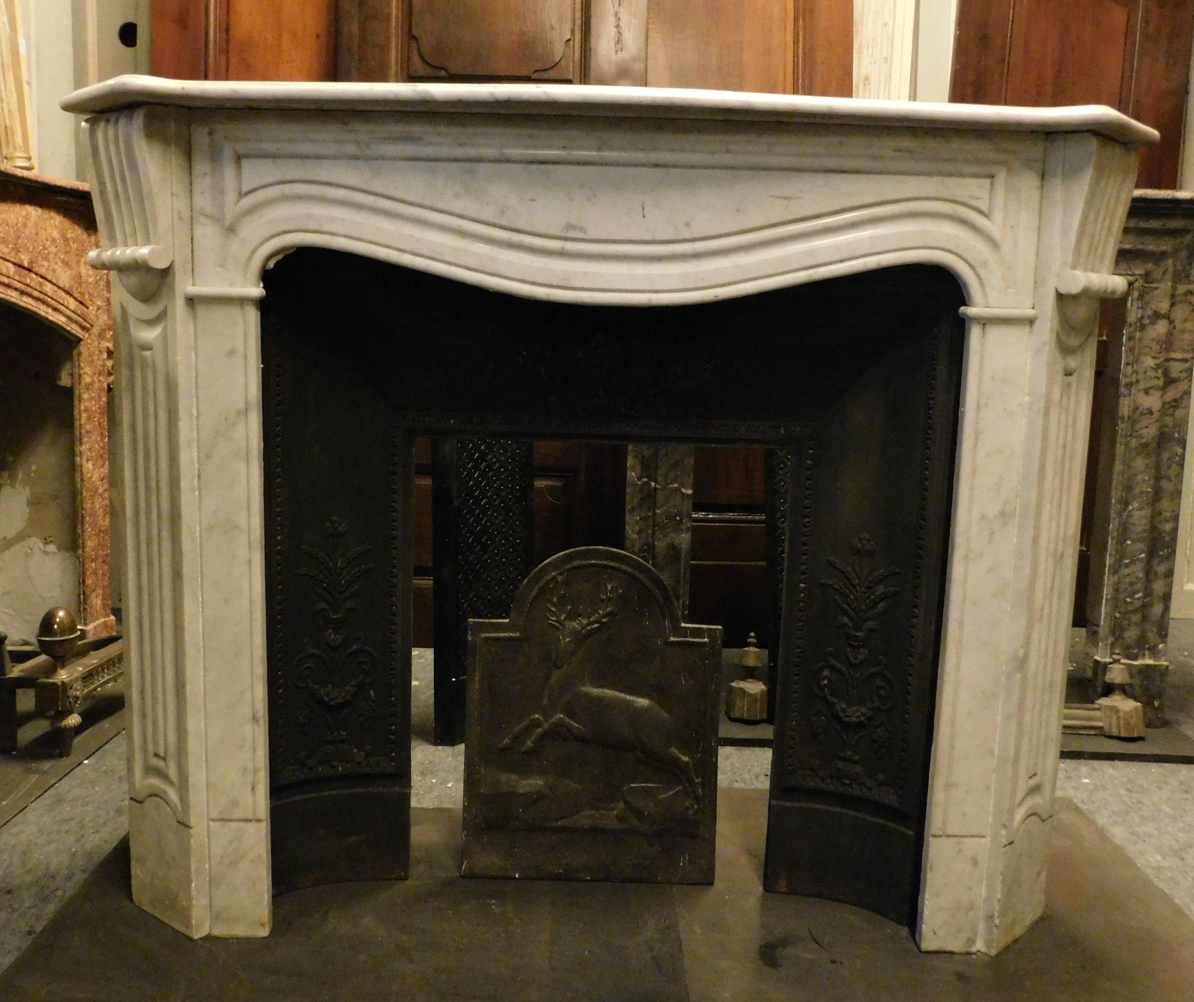 Italian Antique White Carrara Marble Fireplace Mantle Carved, Early 1900s, Genoa 'Italy'