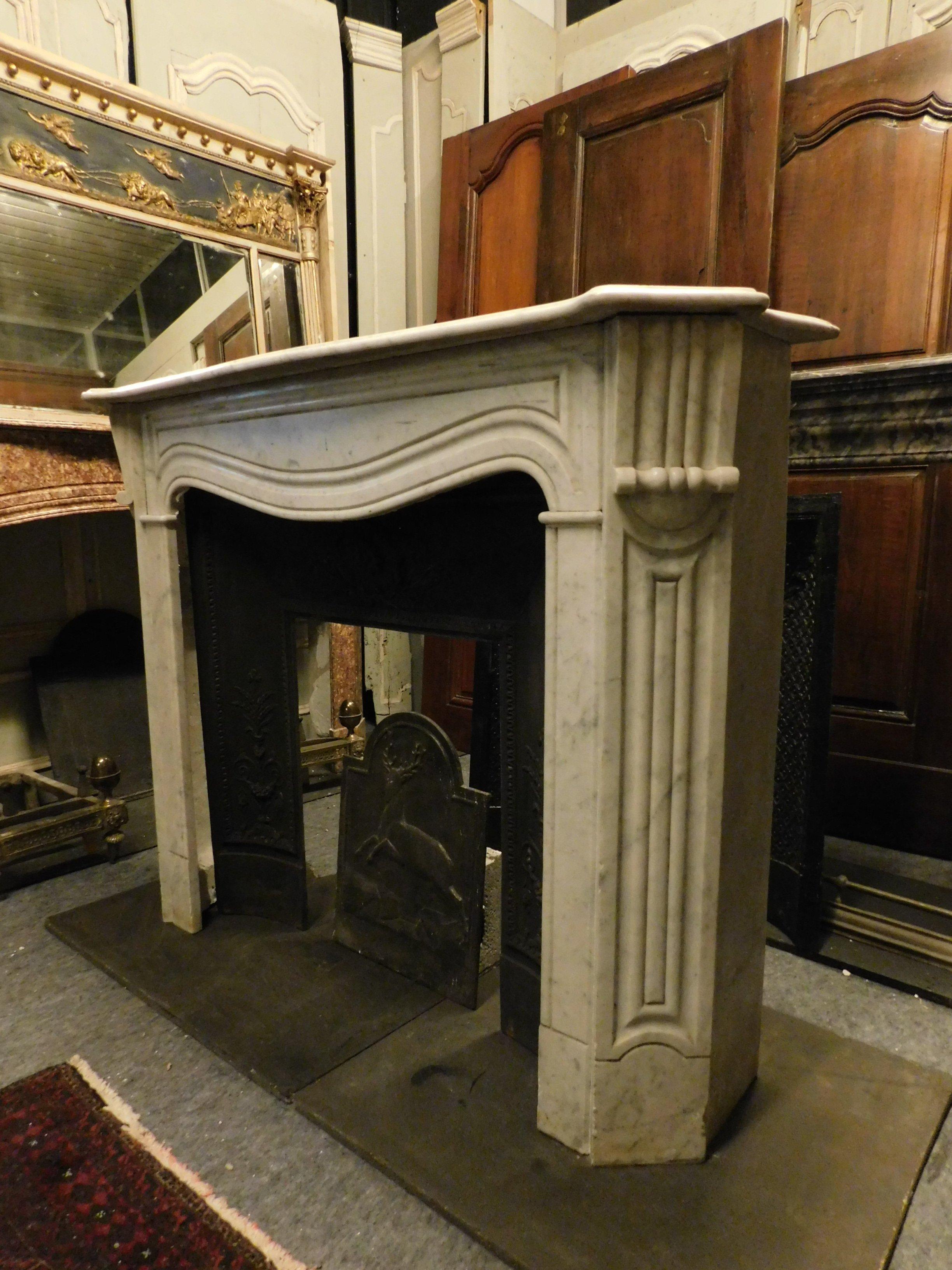 20th Century Antique White Carrara Marble Fireplace Mantle Carved, Early 1900s, Genoa 'Italy'