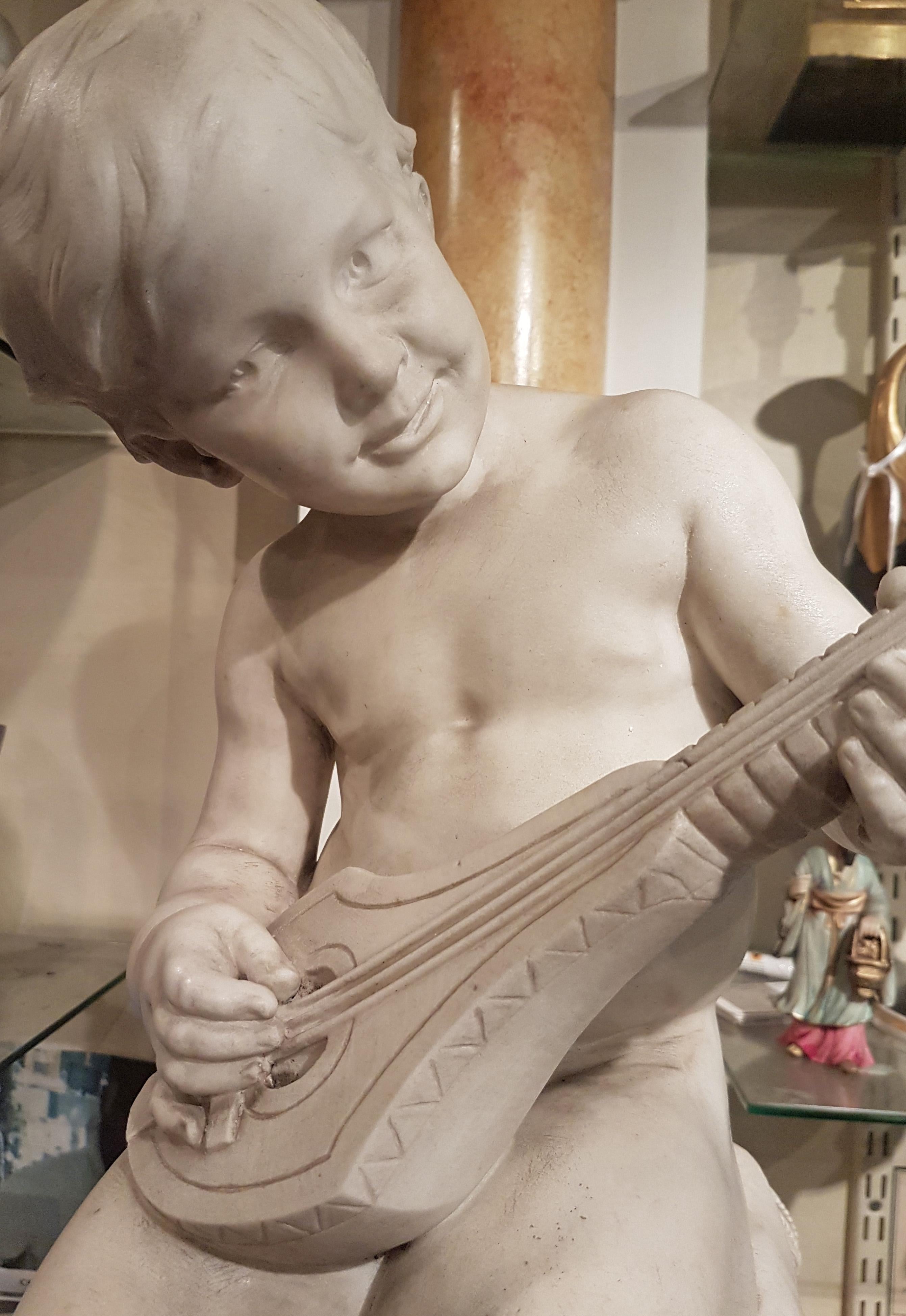 Late 19th Century Antique White Carrera Marble Sculpture of Boy Playing a Flute Signed E. Barrias