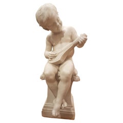 Antique White Carrera Marble Sculpture of Boy Playing a Flute Signed E. Barrias