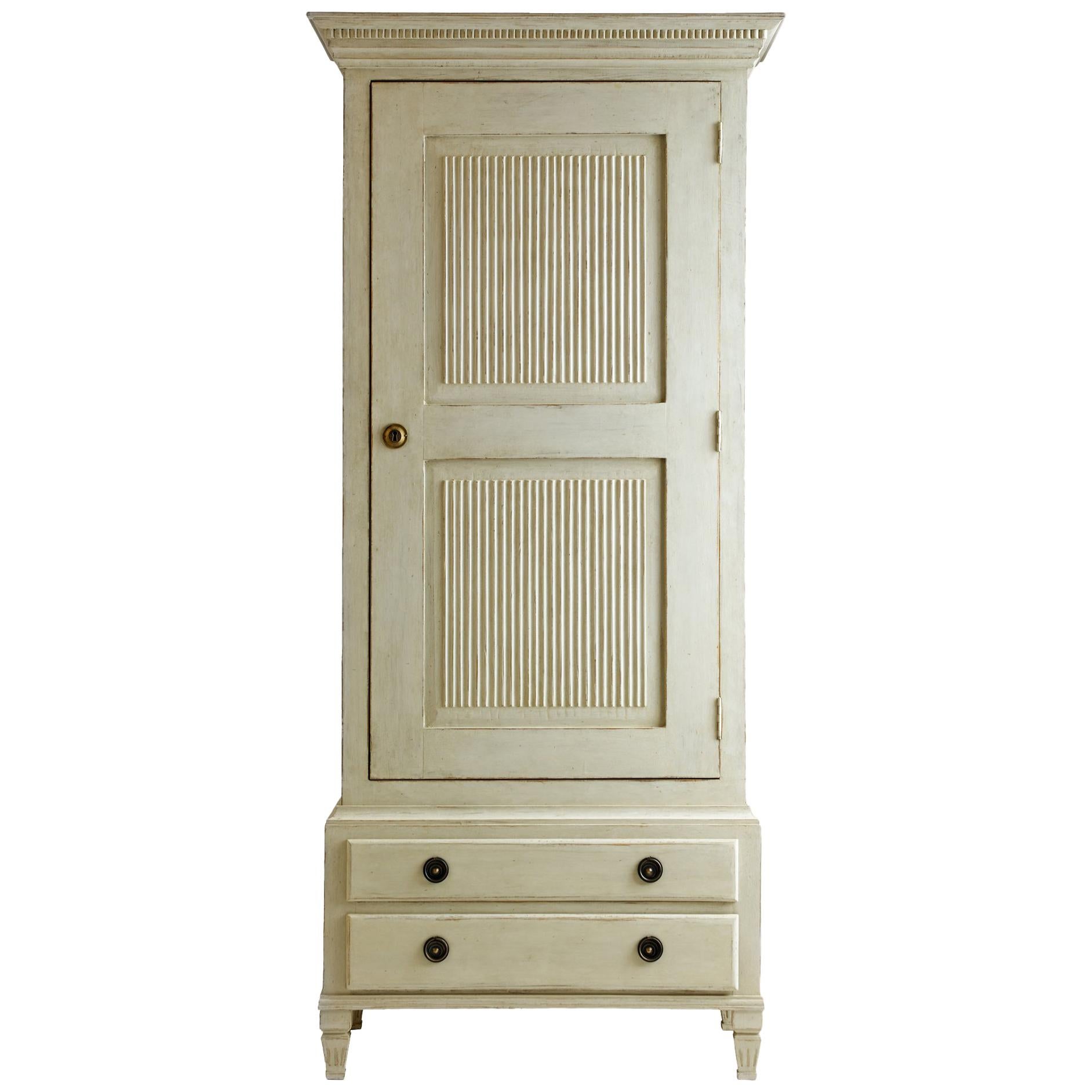 Antique White Distressed Painted Wardrobe Cabinet with Shelves and Safe For Sale