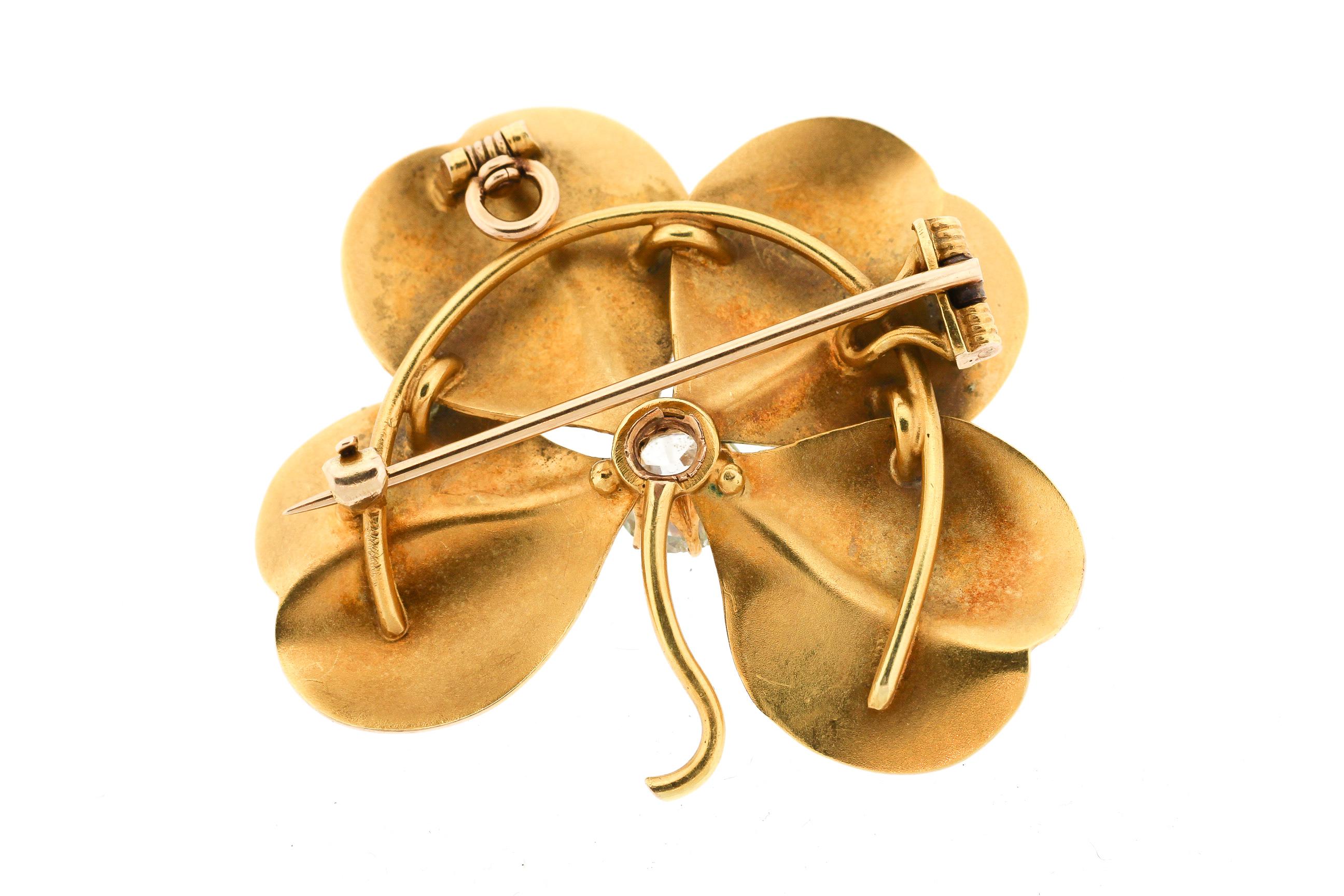 Art Nouveau Antique White Enamel 18 Karat Gold Old European Cut Diamond Flower Pin Pendant