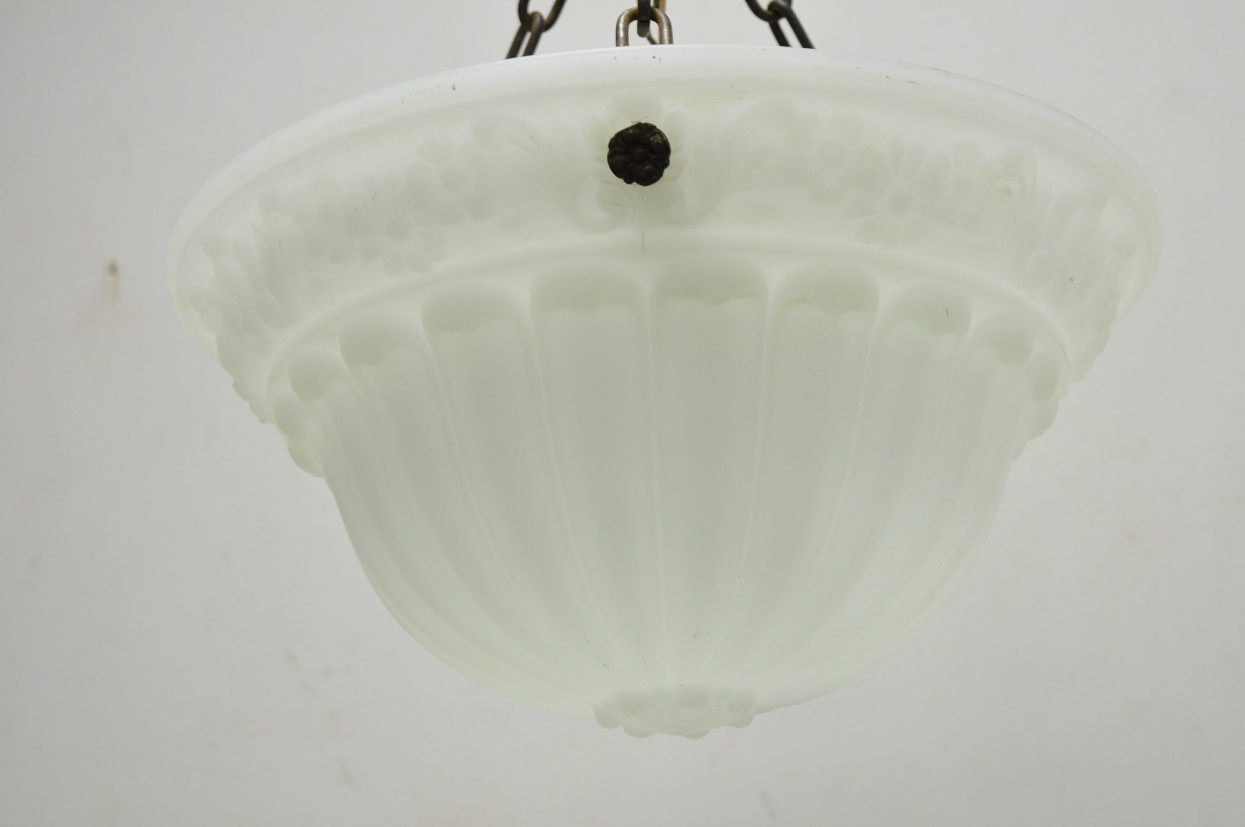 Antique white frosted glass Victorian dome hanging chandelier light fixture. Item features a single light socket, 3 chains, frosted glass, decorated dome, very nice antique item, circa early to mid-20th century. Measurements: 10