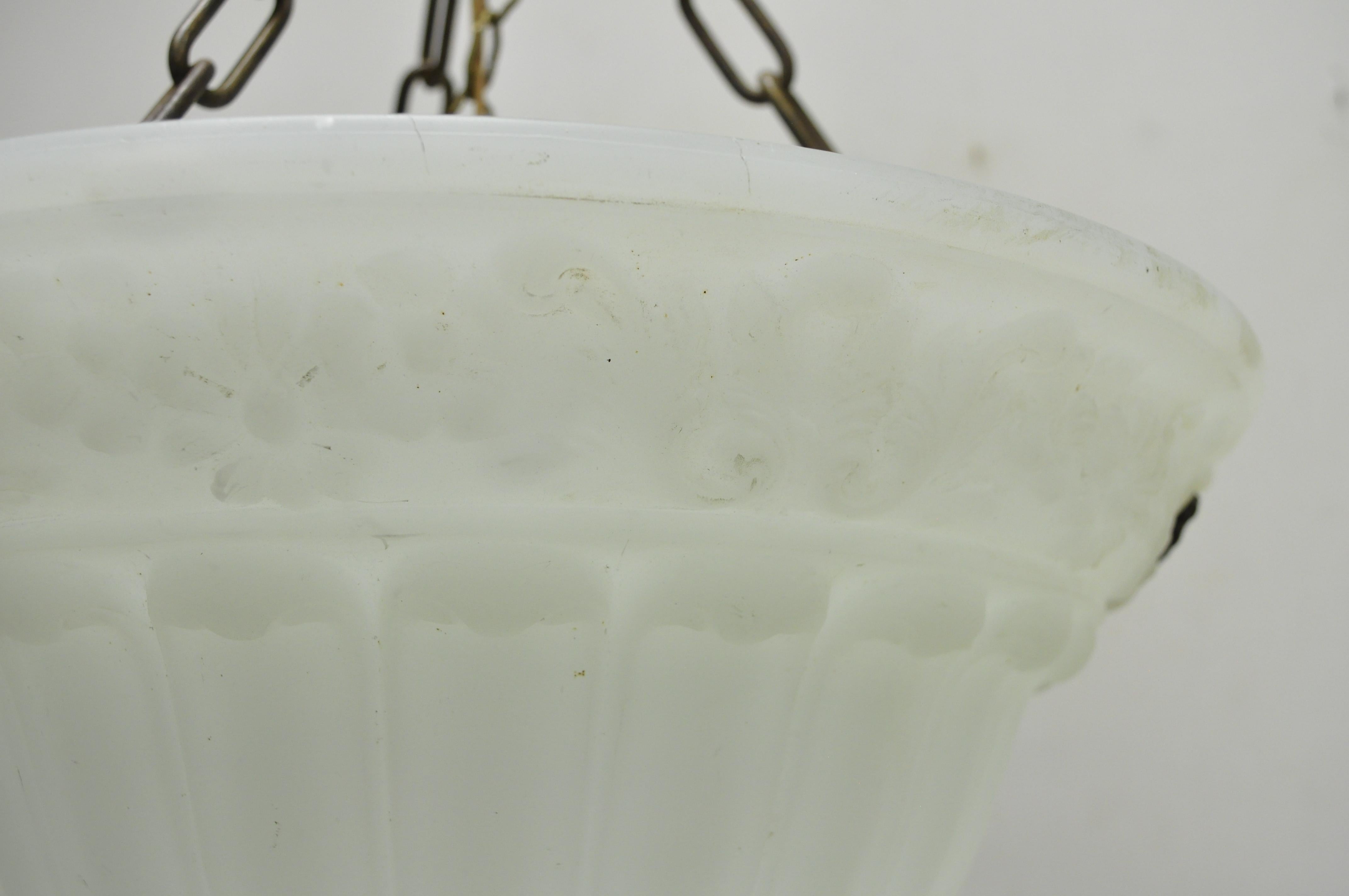 Antique White Frosted Glass Victorian Dome Hanging Chandelier Light Fixture In Good Condition In Philadelphia, PA