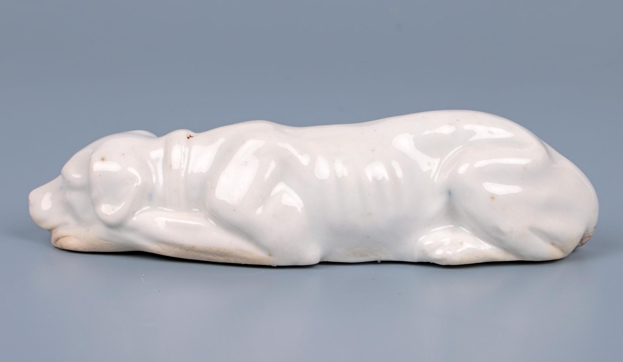Antique White Glazed Porcelain Recumbent Hound Figure For Sale 4