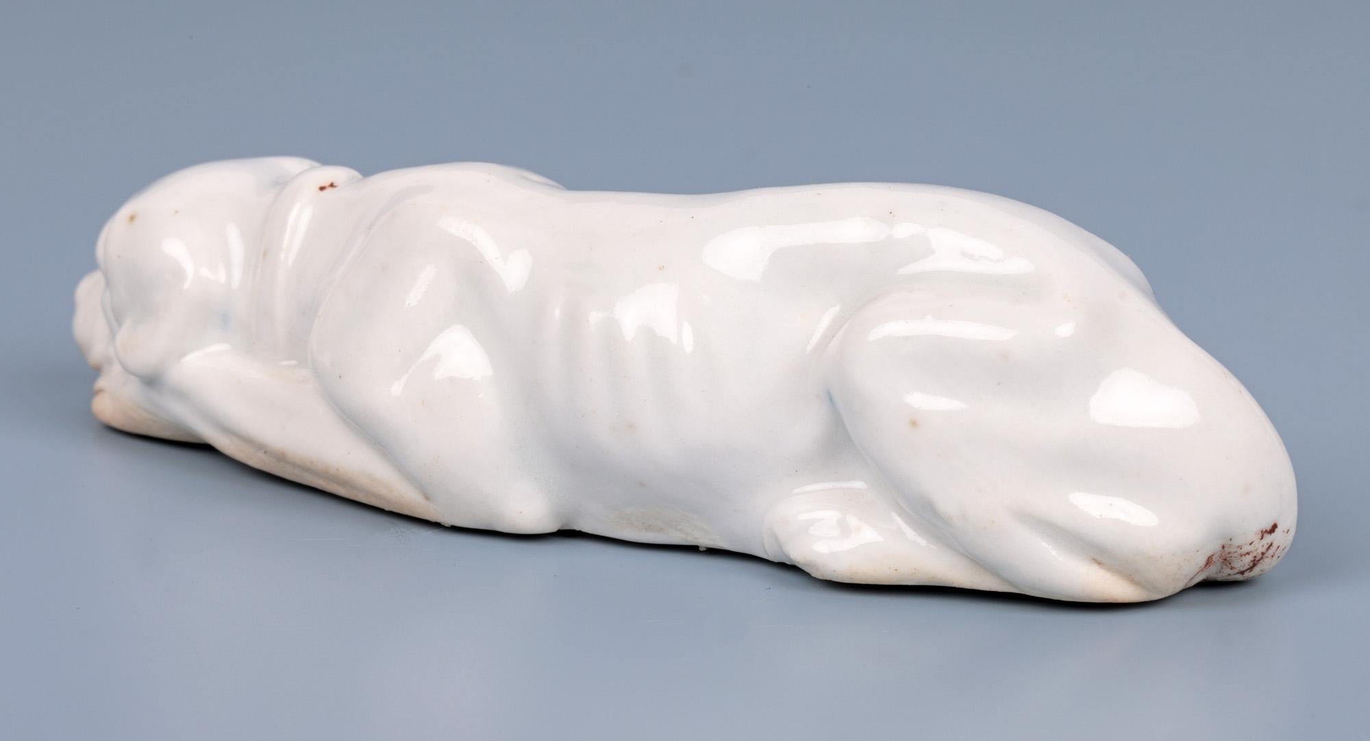 Antique White Glazed Porcelain Recumbent Hound Figure For Sale 6