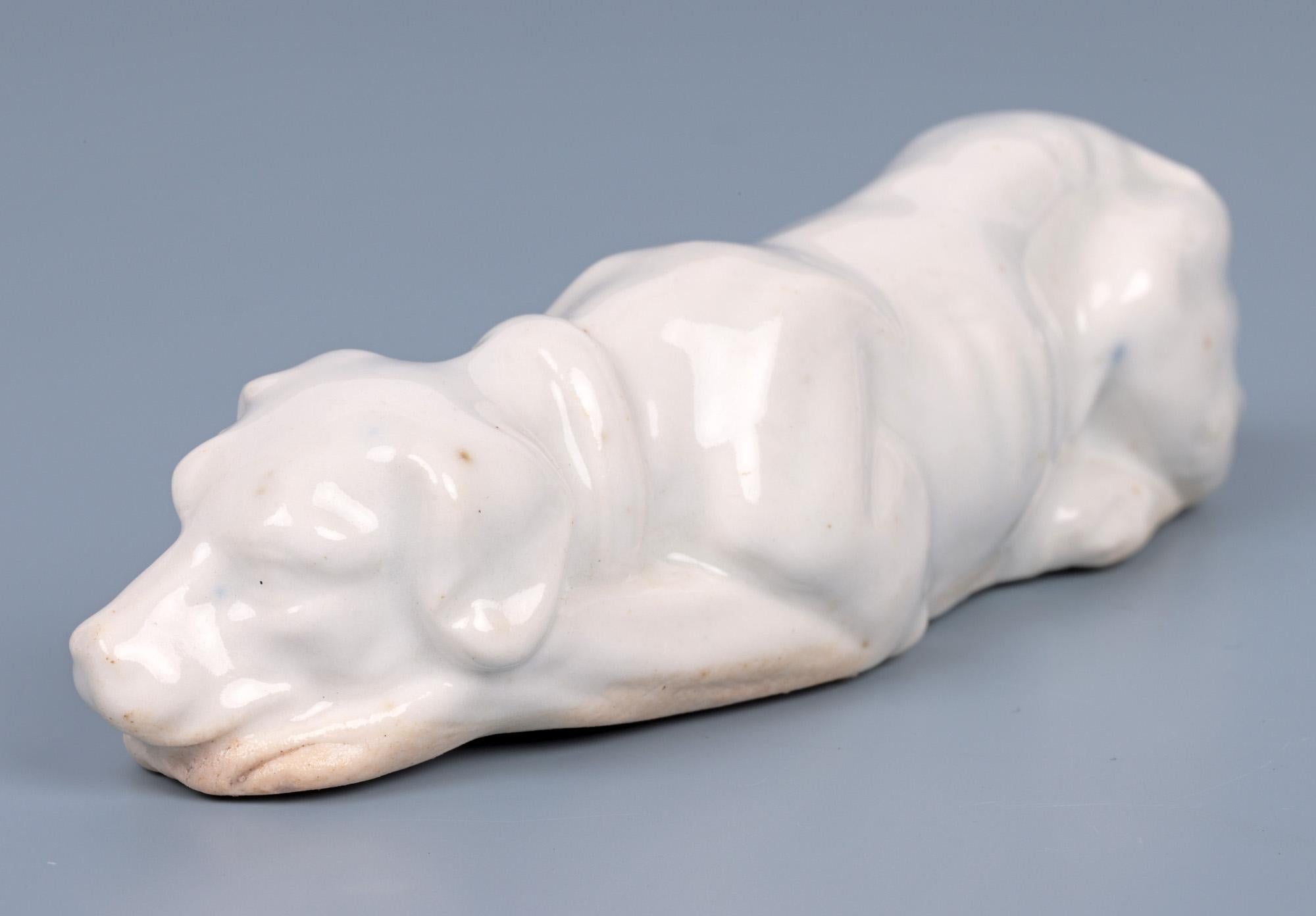 Antique White Glazed Porcelain Recumbent Hound Figure For Sale 8