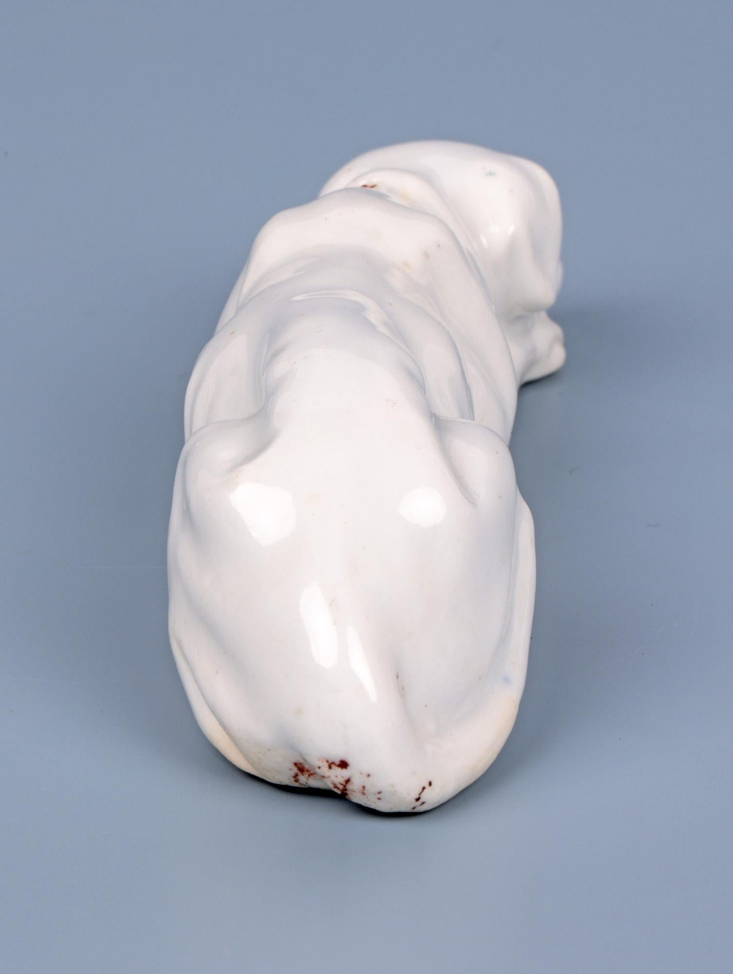 Antique White Glazed Porcelain Recumbent Hound Figure For Sale 3