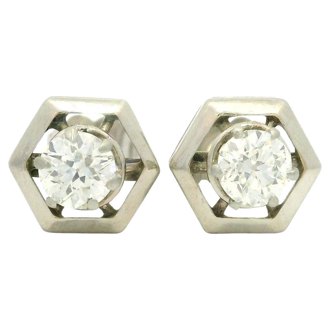 Antique White Gold 0.66ct Old European Floating Diamond Hexagon Stud Earrings