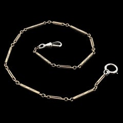 Antique White Gold 14" Detailed Bar Link Pocket Watch Chain Dog Clip Spring Ring