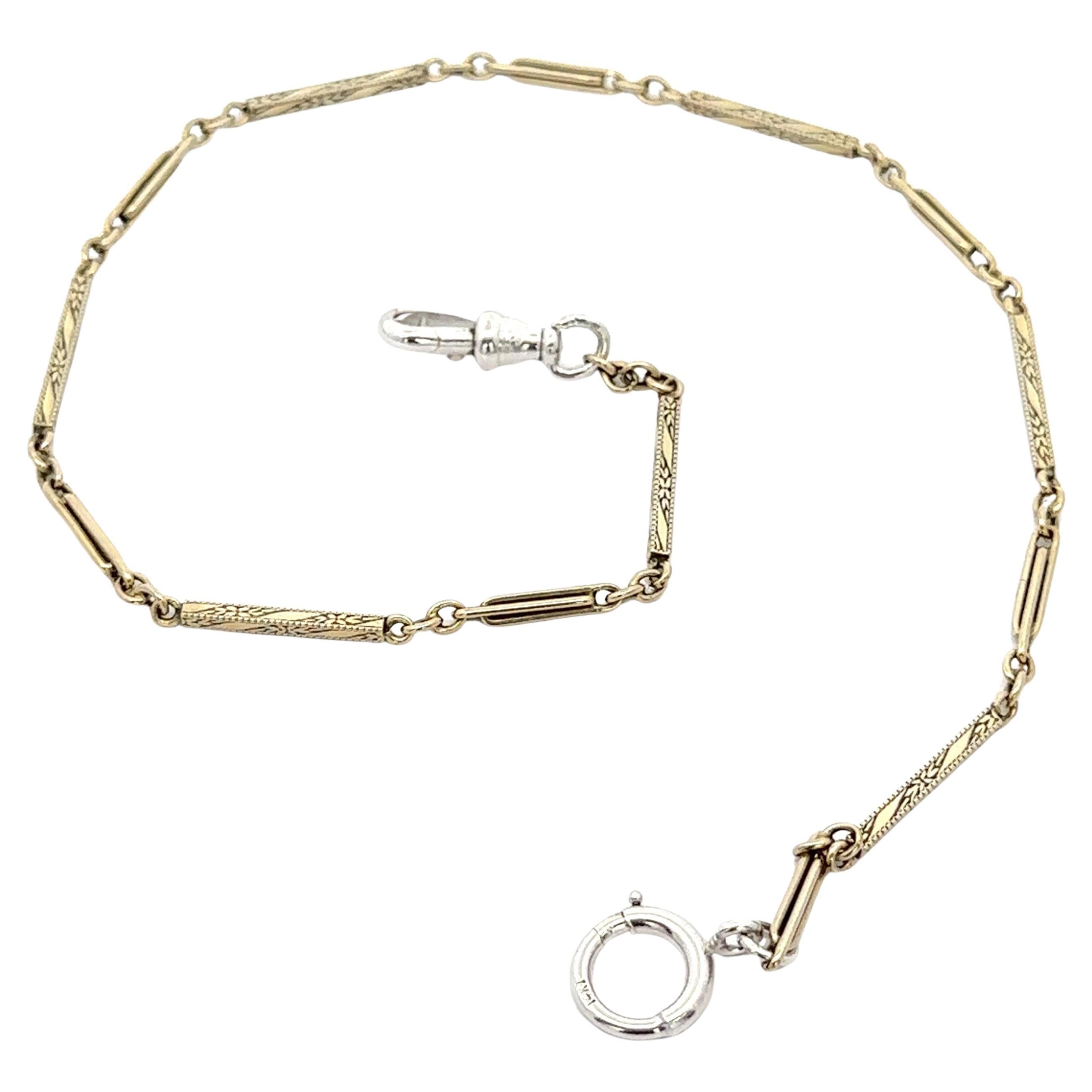 Antique or blanc 14" Detailed Bar Link Pocket Watch Chain Dog Clip Spring Ring