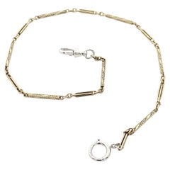 Antique White Gold 14" Detailed Bar Link Pocket Watch Chain Dog Clip Spring Ring