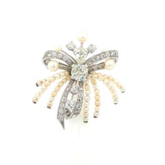Antique White Gold 2.85ctw Old Diamond & Seed Pearl Bow Ribbon Pin Brooch