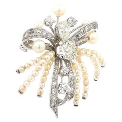 Antique White Gold 2.85ctw Old Diamond & Seed Pearl Bow Ribbon Pin Brooch
