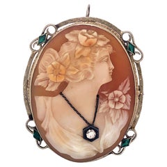 Antique White Gold Cameo Brooch Pendant with Diamond and Emerald