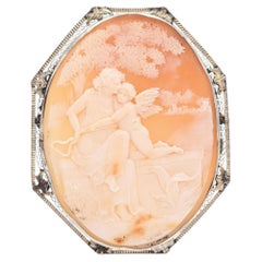 Antique White Gold Cameo Venus Protecting Eros Brooch