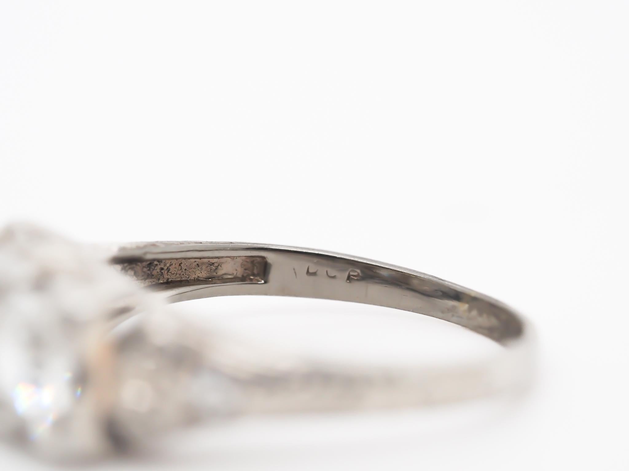 Item Details:
Ring Size: 5
Metal Type: 14k white gold
Weight: 2.1 grams

Main Center Diamond Details
Shape: Old European Brilliant
Carat Weight: .24ct
Color: H
Clarity: SI2

Side Diamond Details
Shape: Old Single Cut
Carat Weight: .04ct