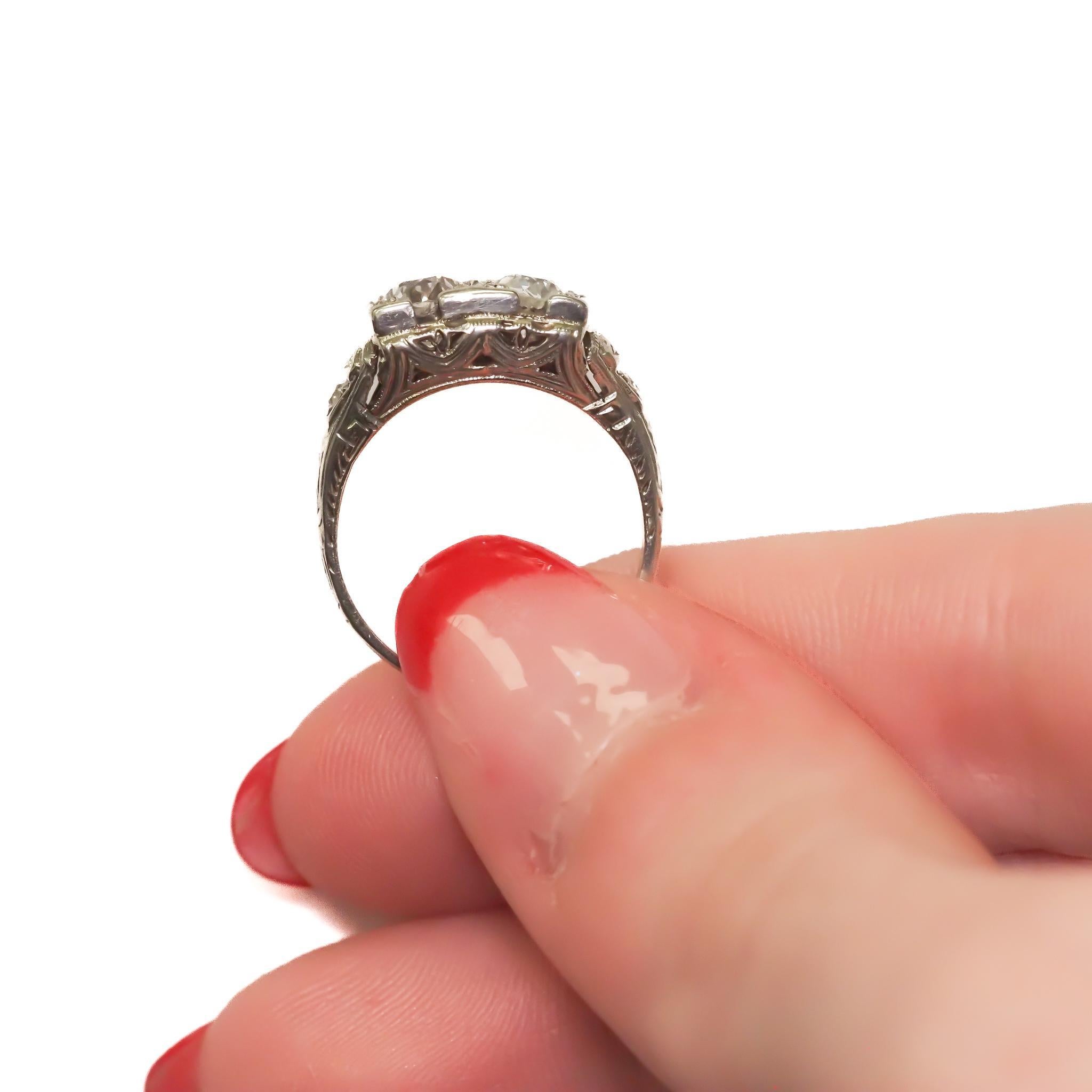 Women's Antique White Gold Deco Engagement Ring with Old Miner Cut Diamonds 1.05cttw For Sale