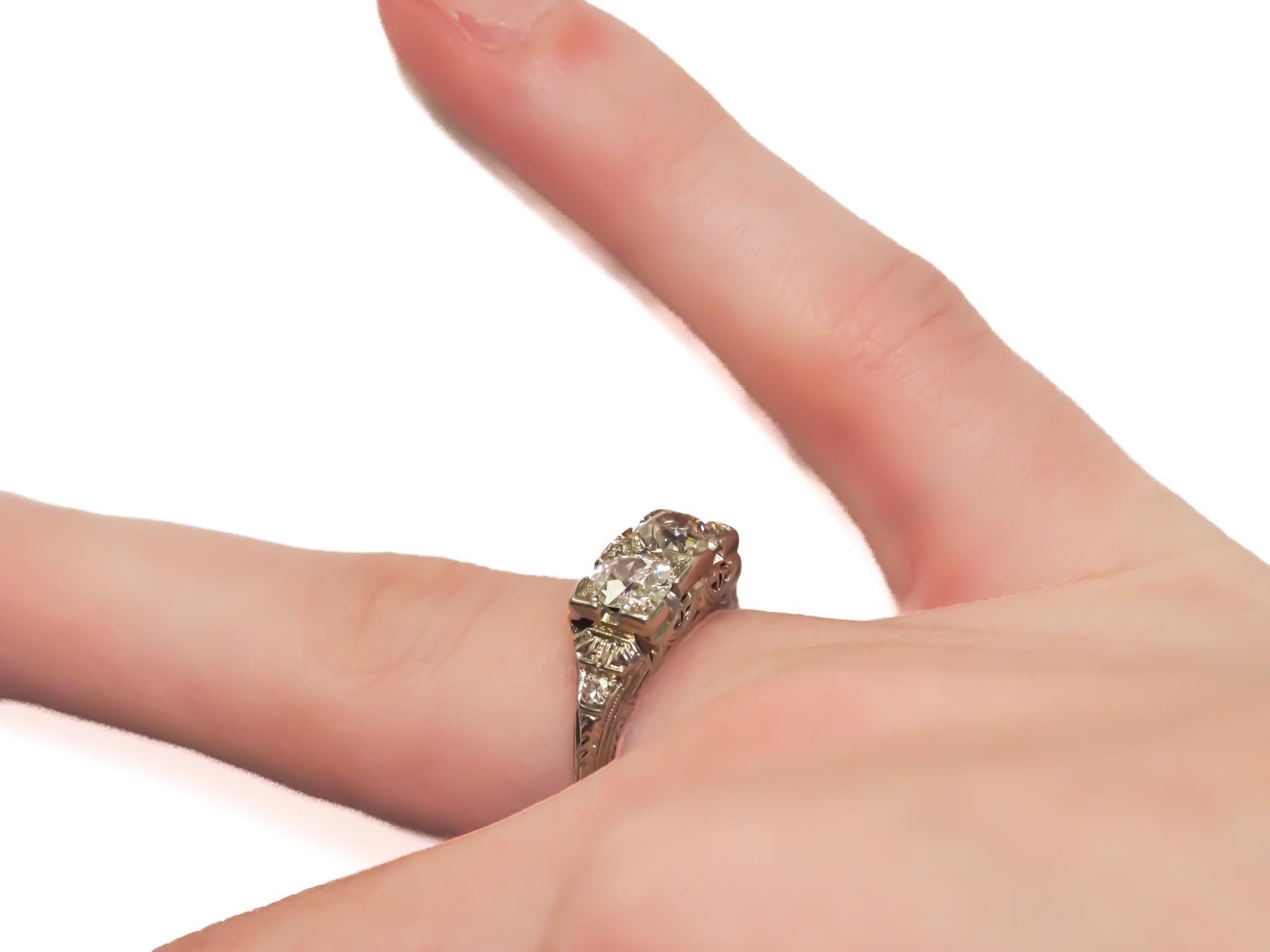 Antique White Gold Deco Engagement Ring with Old Miner Cut Diamonds 1.05cttw For Sale 2