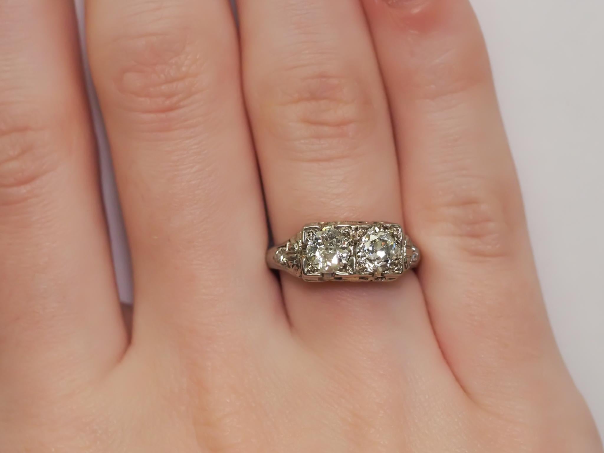 Antique White Gold Deco Engagement Ring with Old Miner Cut Diamonds 1.05cttw For Sale 3