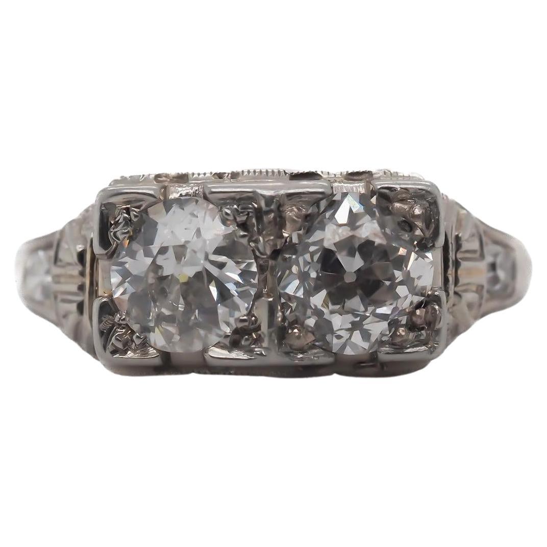 Antique White Gold Deco Engagement Ring with Old Miner Cut Diamonds 1.05cttw