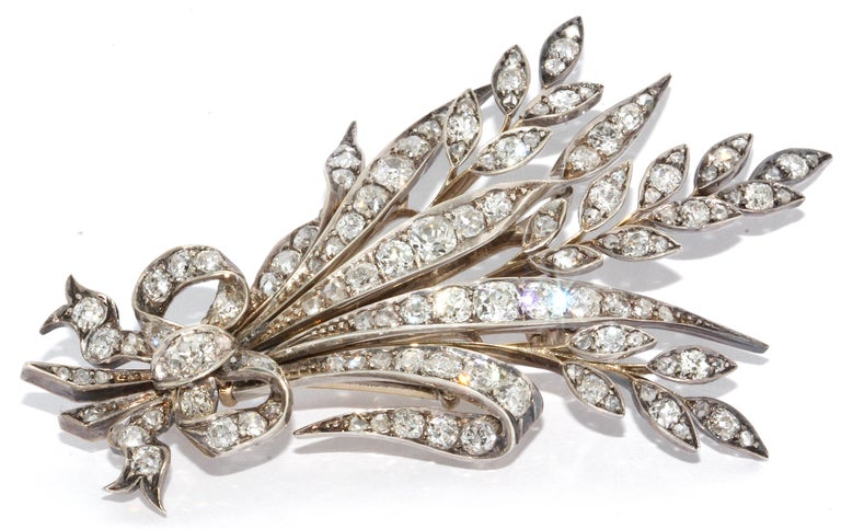 Victorian Antique White Gold Diamond Brooch as a Bouquet of Flowers with a Bow For Sale
