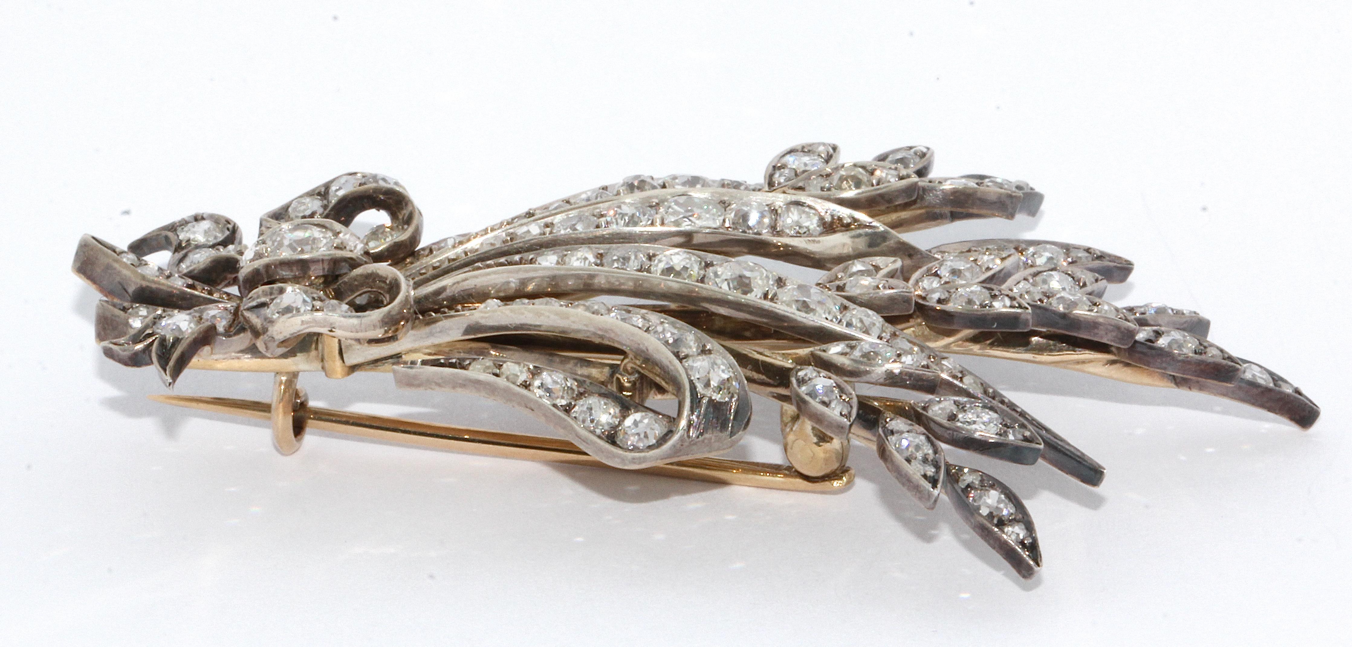 Round Cut Antique White Gold Diamond Brooch as a Bouquet of Flowers with a Bow For Sale