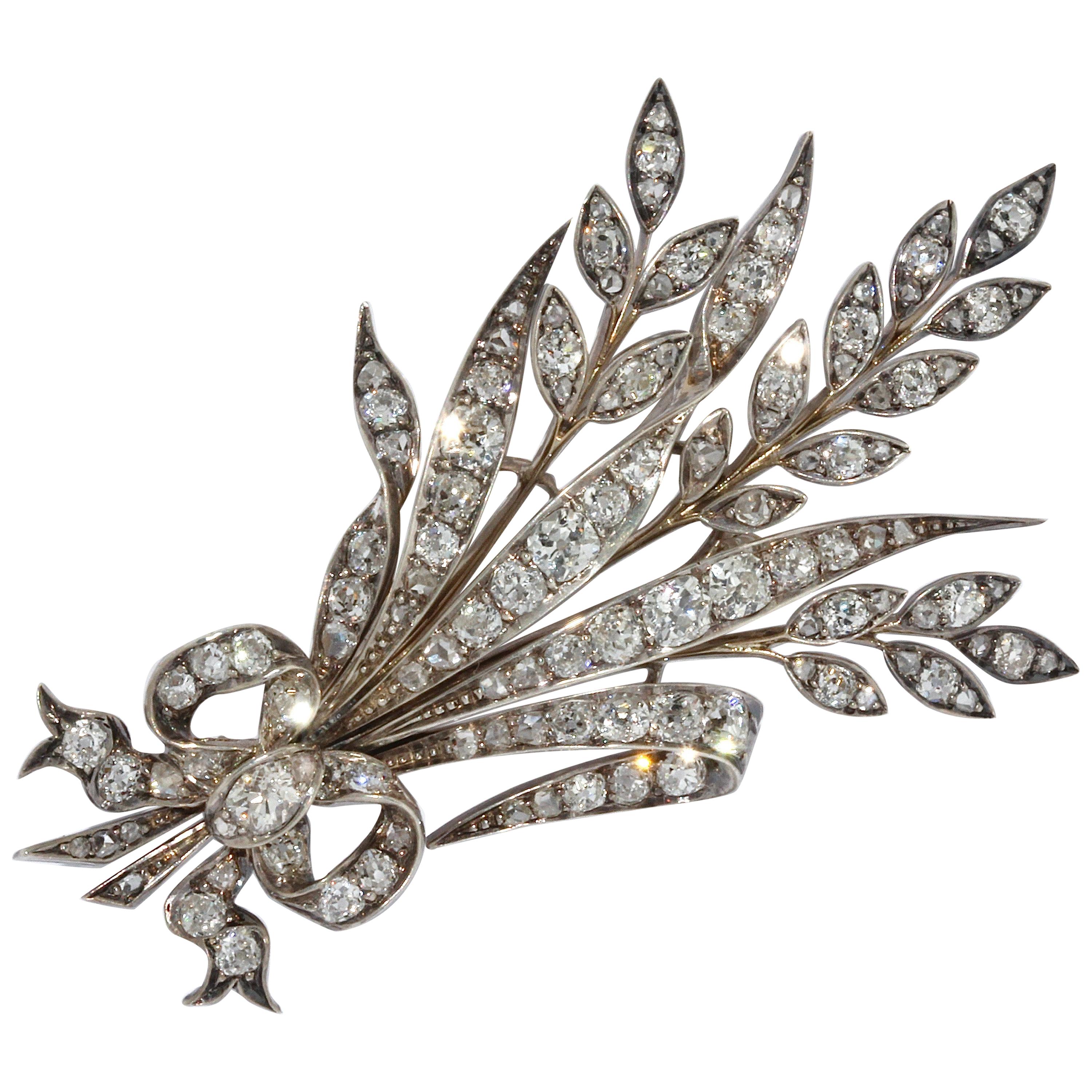Antique White Gold Diamond Brooch as a Bouquet of Flowers with a Bow