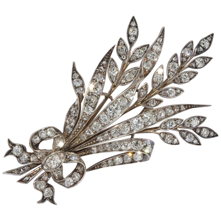 Antique White Gold Diamond Brooch as a Bouquet of Flowers with a Bow For Sale