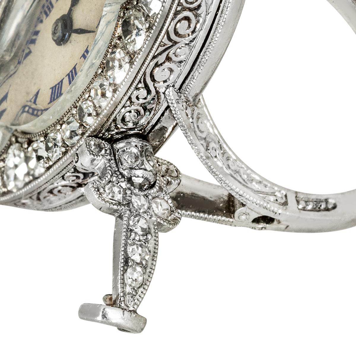 Old Mine Cut Antique White Gold Diamond Ring Watch Circa 1890's For Sale