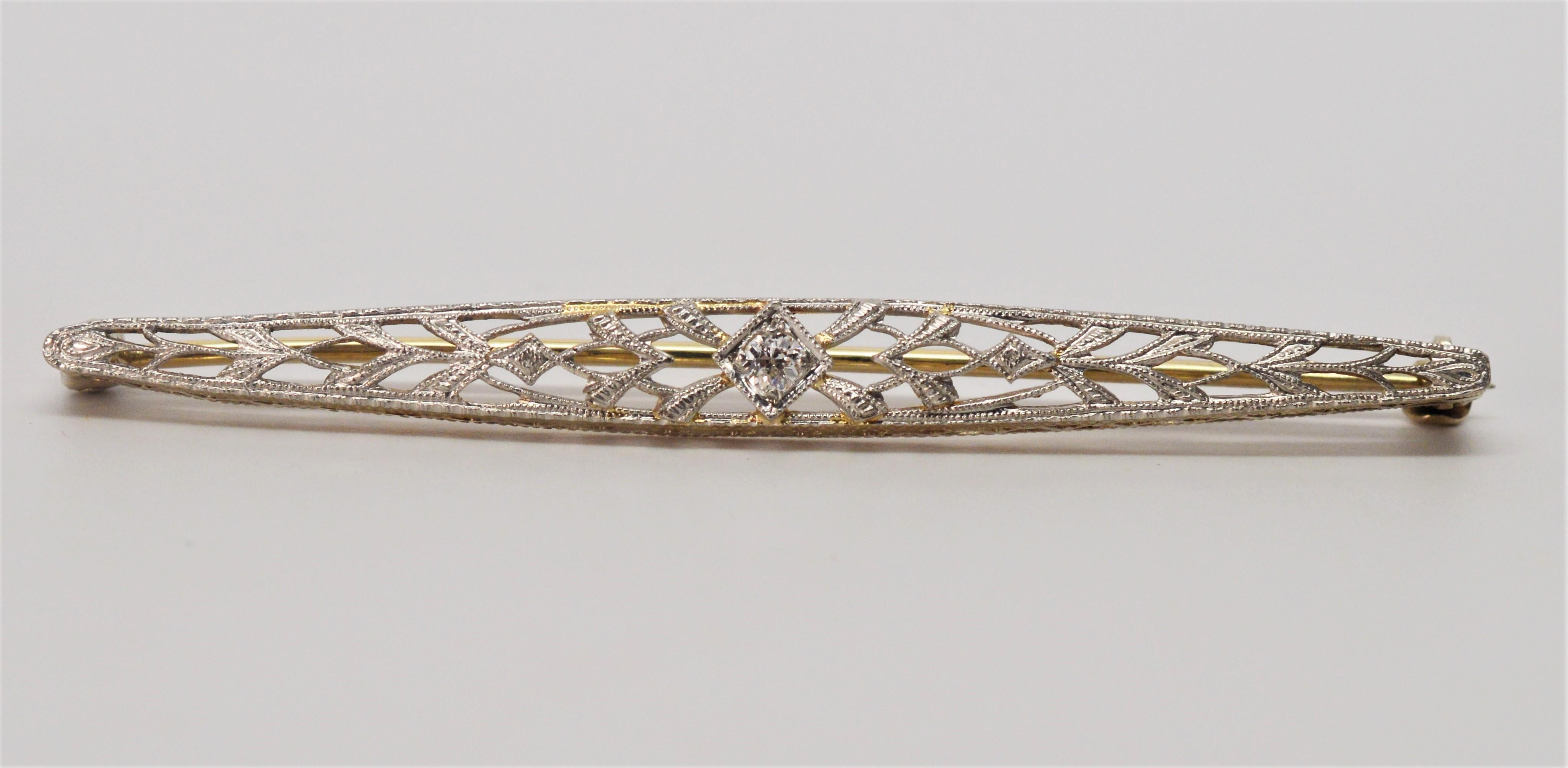 Antique White Gold Filigree Bar Pin Brooch with Diamond Accent 1