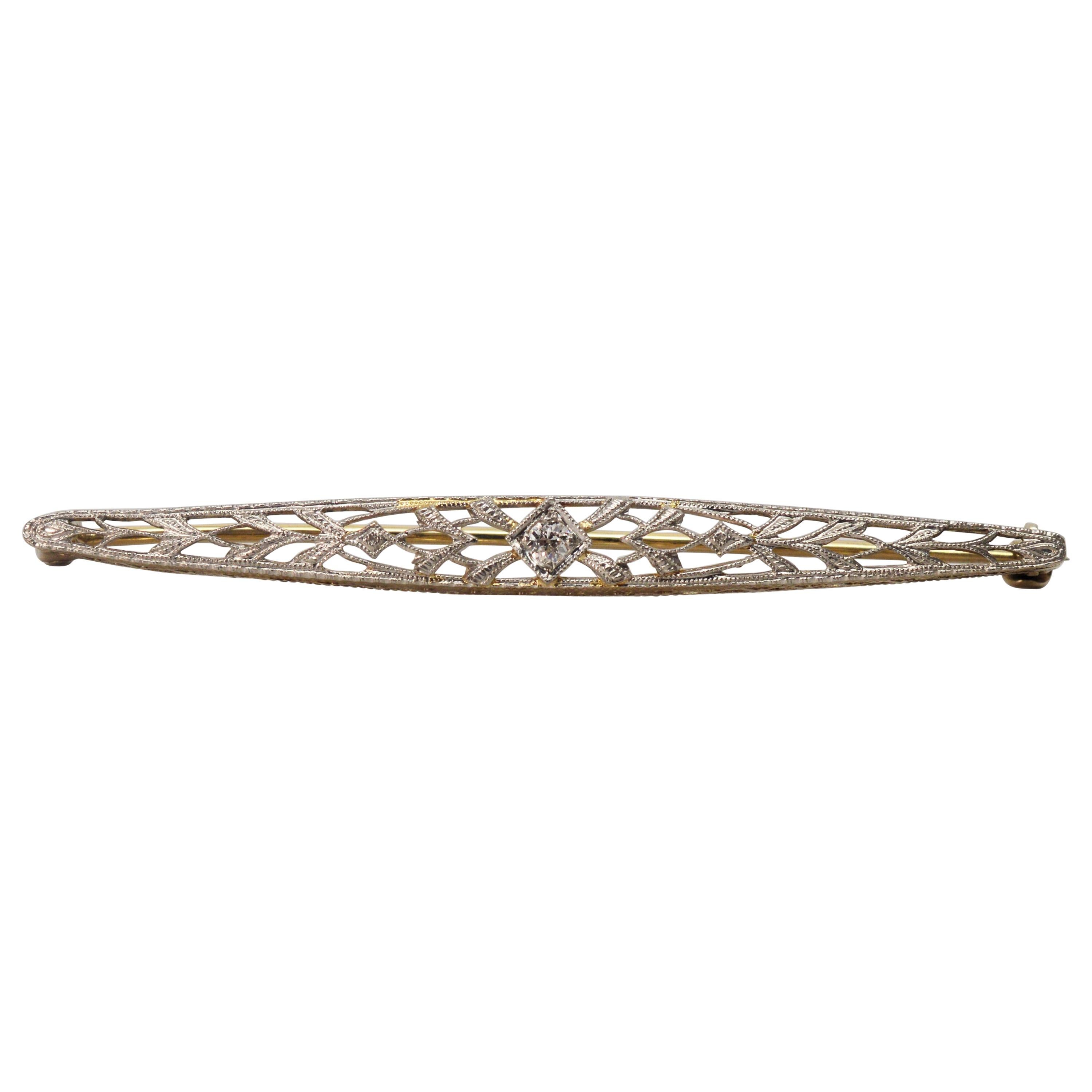 Antique White Gold Filigree Bar Pin Brooch with Diamond Accent