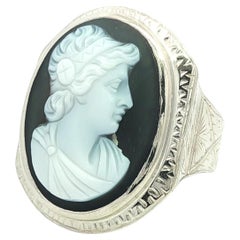 Antique White Gold Large Carved Black Hardstone Portrait Men's Cameo Ring