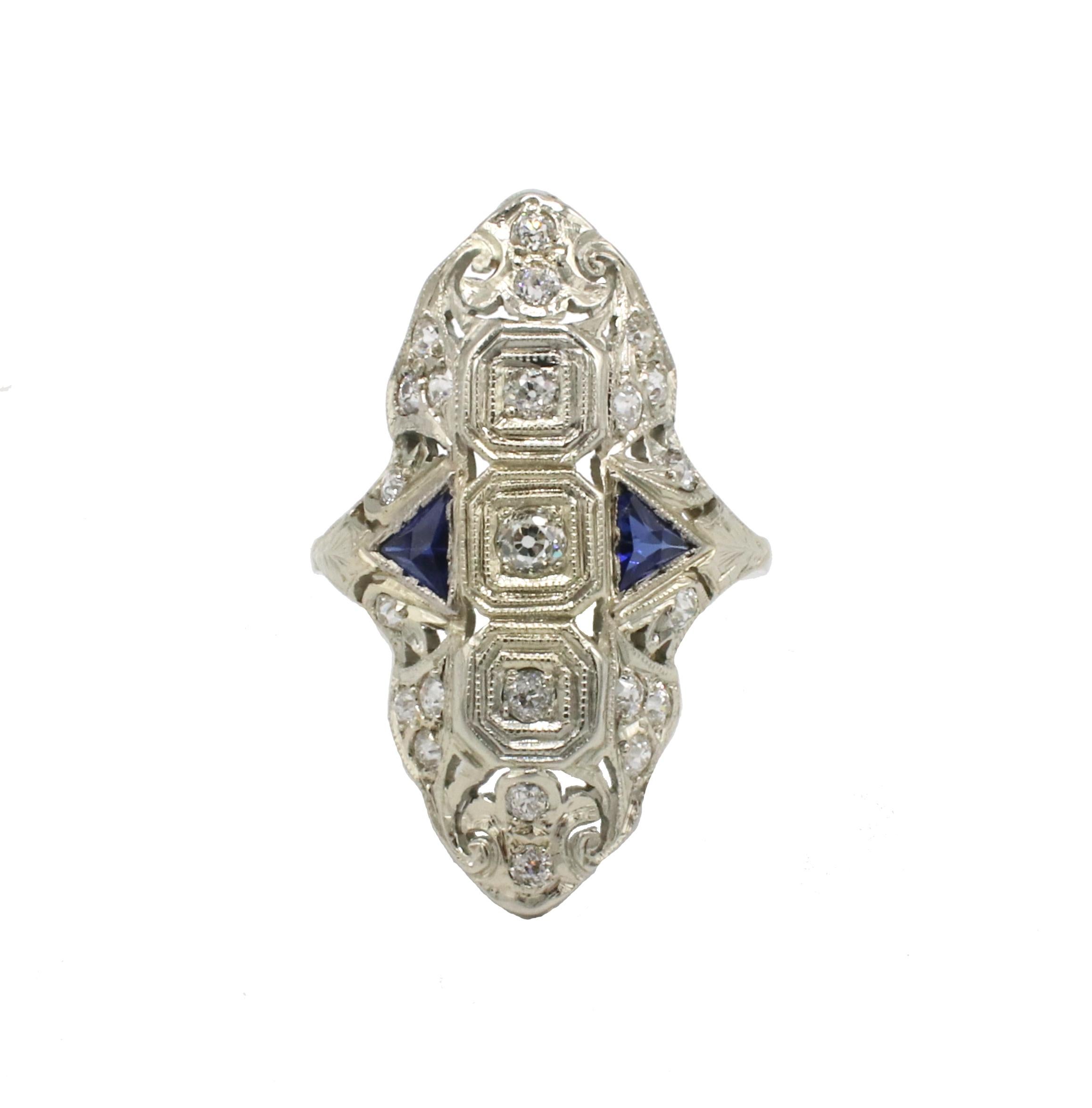 Antique White Gold Old European Cut Natural Diamond & Blue Sapphire Navette Ring 
Metal: 18k white gold
Weight: 4.96 grams
Diamonds: Approx. .75 CTW H-I VS old European cut natural diamonds
Top: 30 x 18mm
Size: 6 (US)