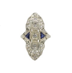 Antique White Gold Old European Cut Natural Diamond & Blue Sapphire Navette Ring